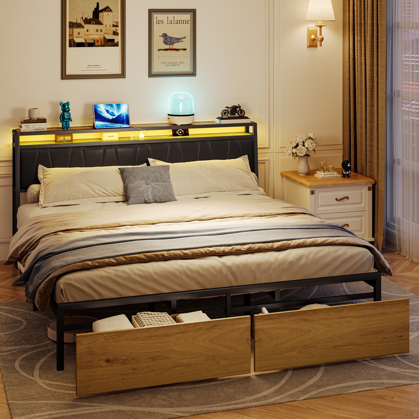 HSUNNS King Size Bed Frame with LED Light PU Leather Headboard & Outlets, Metal Platform Bed with 2 Storage Drawers, 2 Tier Headboard