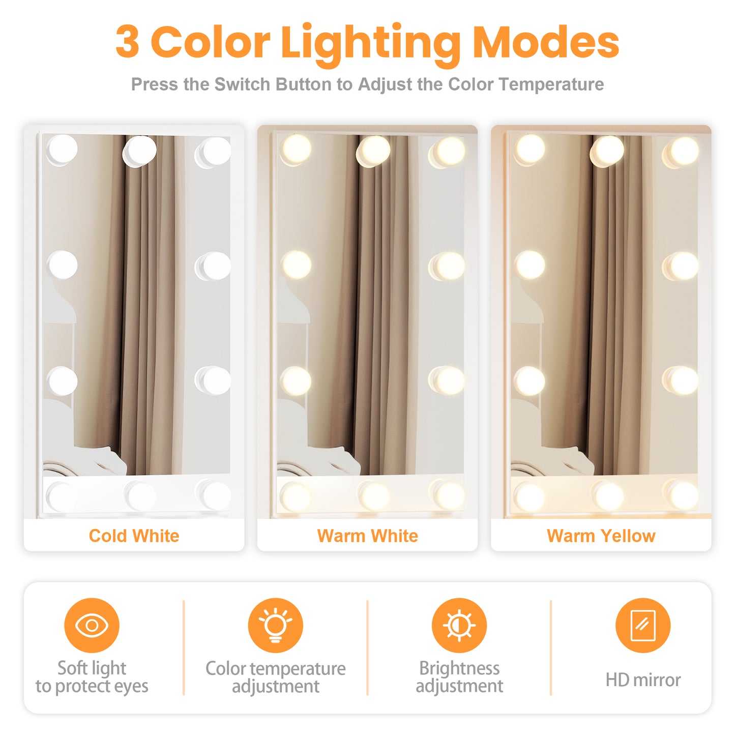 HSUNNS Vanity Mirror with 3 Color LED Lights Desk and Chair, Narrow Small Vanity Desk with 10 Light, Wood Makeup Table with Large Drawer and Wide Stool, Vanity Desk with Drawers and Shelves, White