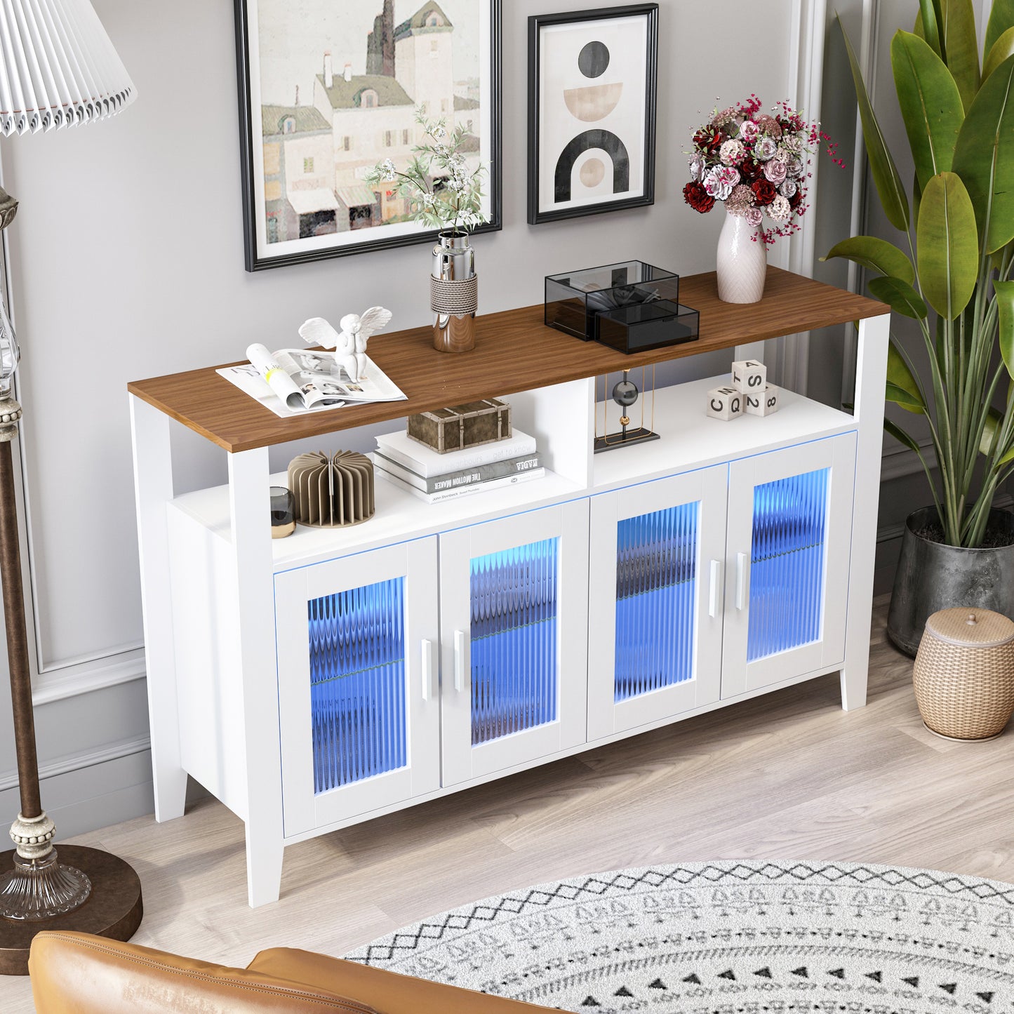 HSUNNS Sideboard Cabinet, Modern Kitchen Cabinet with Glass Doors, Bluetooth Lamp Belt, Toughened Glass Shelf, Storage Cabinet for Kitchen Dining Room, Brown with Antique White