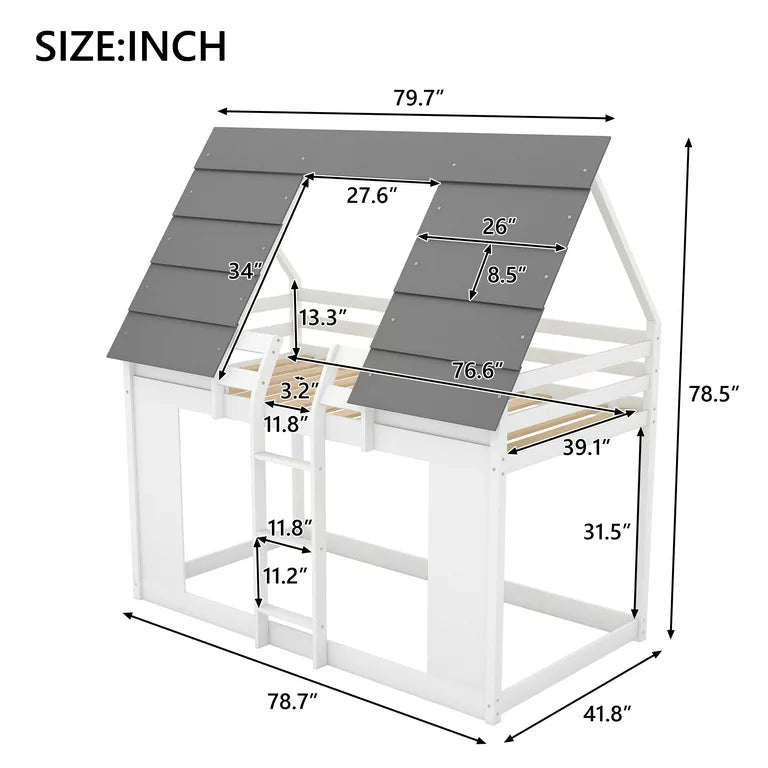 House Bunk Beds Twin Size, HSUNNS Twin over Twin Loft Bed with Roof Design | Floor Bunk Bed for Kid's Room | Low Twin Loft Bed with Guardrail | For Boys Girls Kids, White