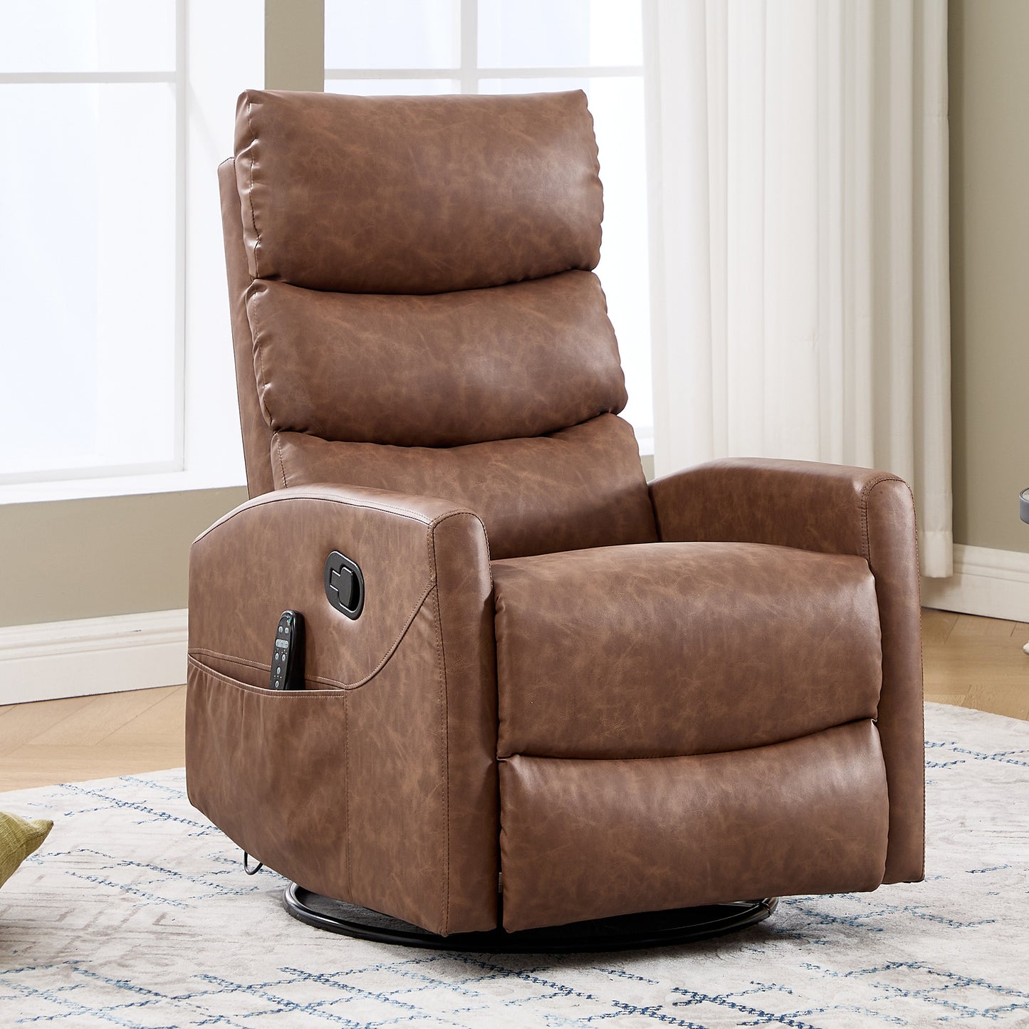 HSUNNS Swivel Rocker Recliner for Adults, Faux Leather Swivel Rocker Recliner Chair with Heat Therapy and Massage, Manual Single Rocker Sofa with Side Pockets for Living Room Home Theater