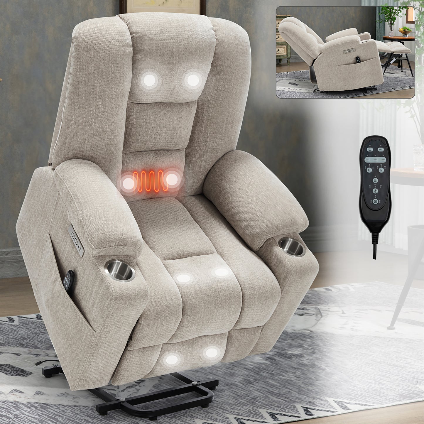 HSUNNS Power Lift Recliner Chair with Massage and Heat for Adult, Heavy Duty Reclining with USB Port and 2 Cup Holders, Living Room Overstuffed Wide Single Sofa Home Theater, Beige