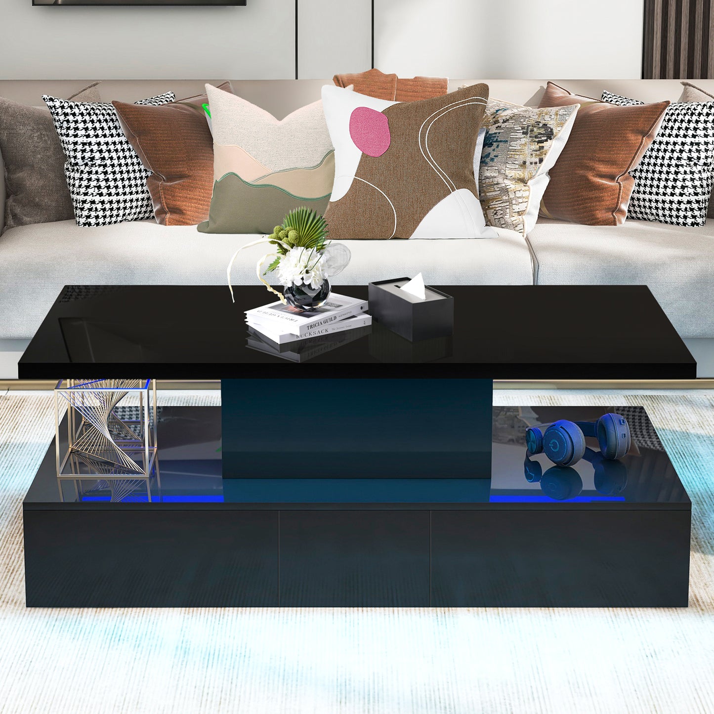 HSUNNS Black LED Coffee Table for Living Room, Modern High Glossy Center Table with 4 Drawers, Smart Cocktail Table Rectangle, Sofa Side Tea Tables with LED Lights, 40" L×24" W×15" H