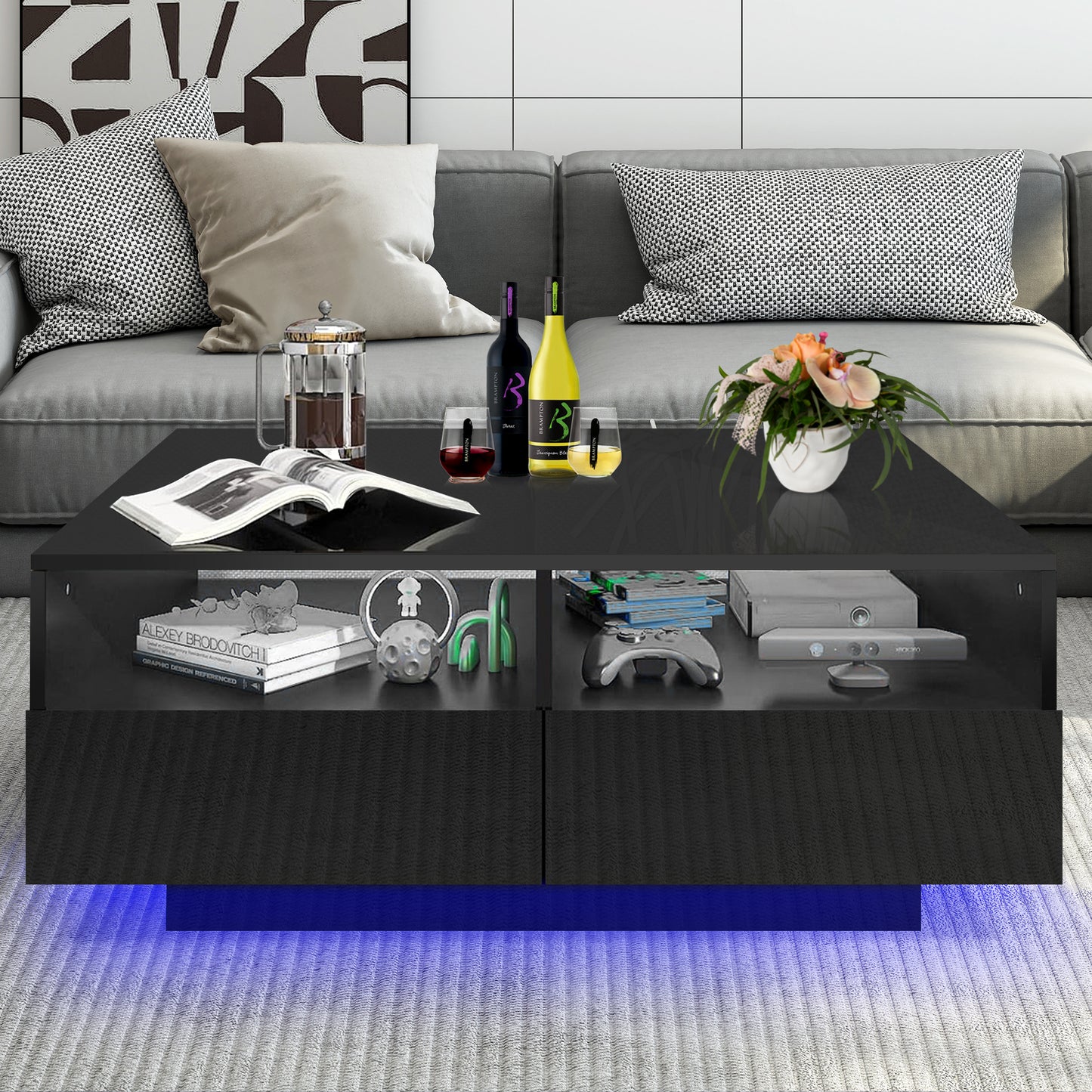 HSUNNS Black LED Coffee Table for Living Room, Modern High Glossy Center Table with 4 Drawers, Smart Cocktail Table Rectangle, Sofa Side Tea Tables with LED Lights, 40" L×24" W×15" H