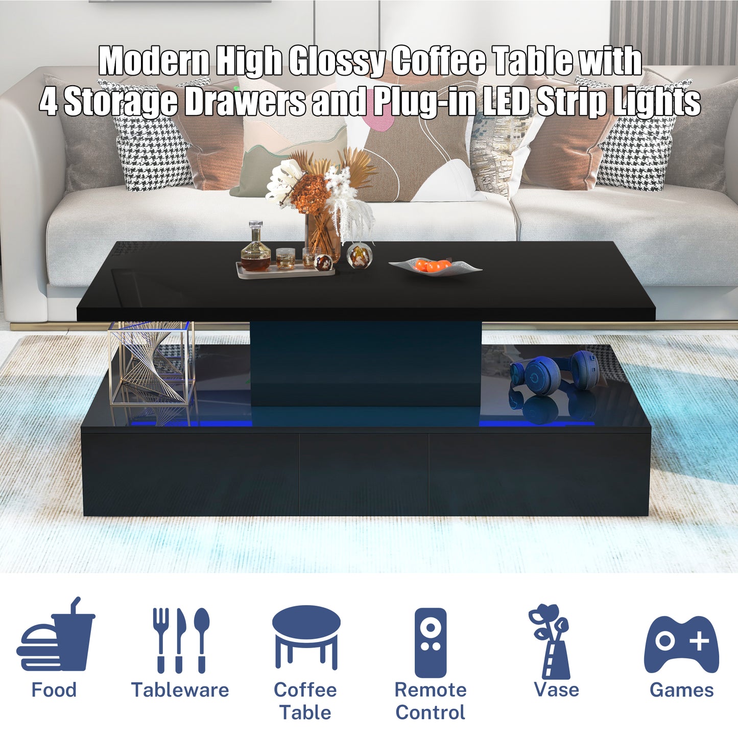 HSUNNS Black LED Coffee Table for Living Room, Modern High Glossy Center Table with 4 Drawers, Smart Cocktail Table Rectangle, Sofa Side Tea Tables with LED Lights, 40" L×24" W×15" H