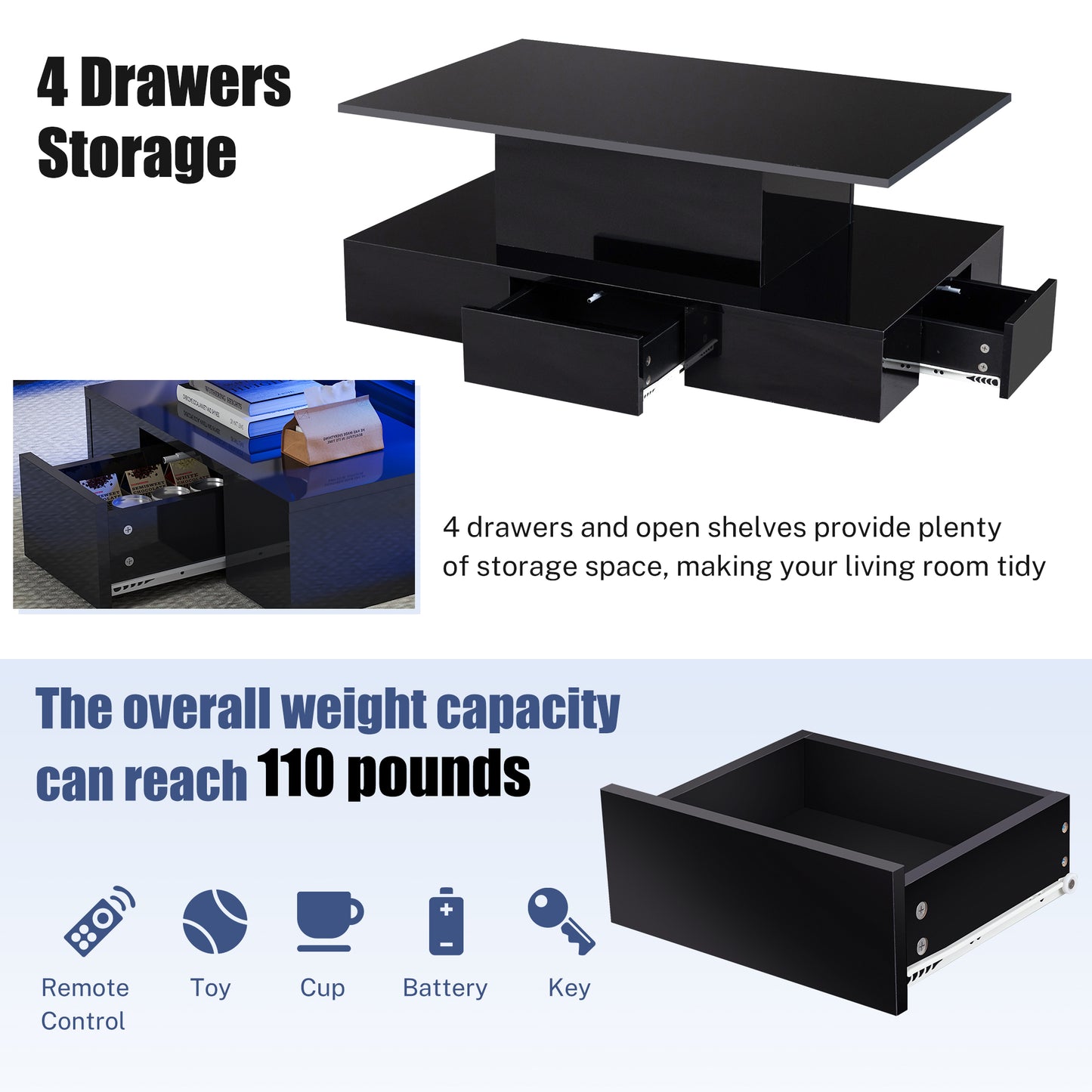 HSUNNS Black LED Coffee Table for Living Room, Modern High Glossy Center Table with 4 Drawers, Smart Cocktail Table Rectangle, Sofa Side Tea Tables with LED Lights, 40" L×24" W×15" H