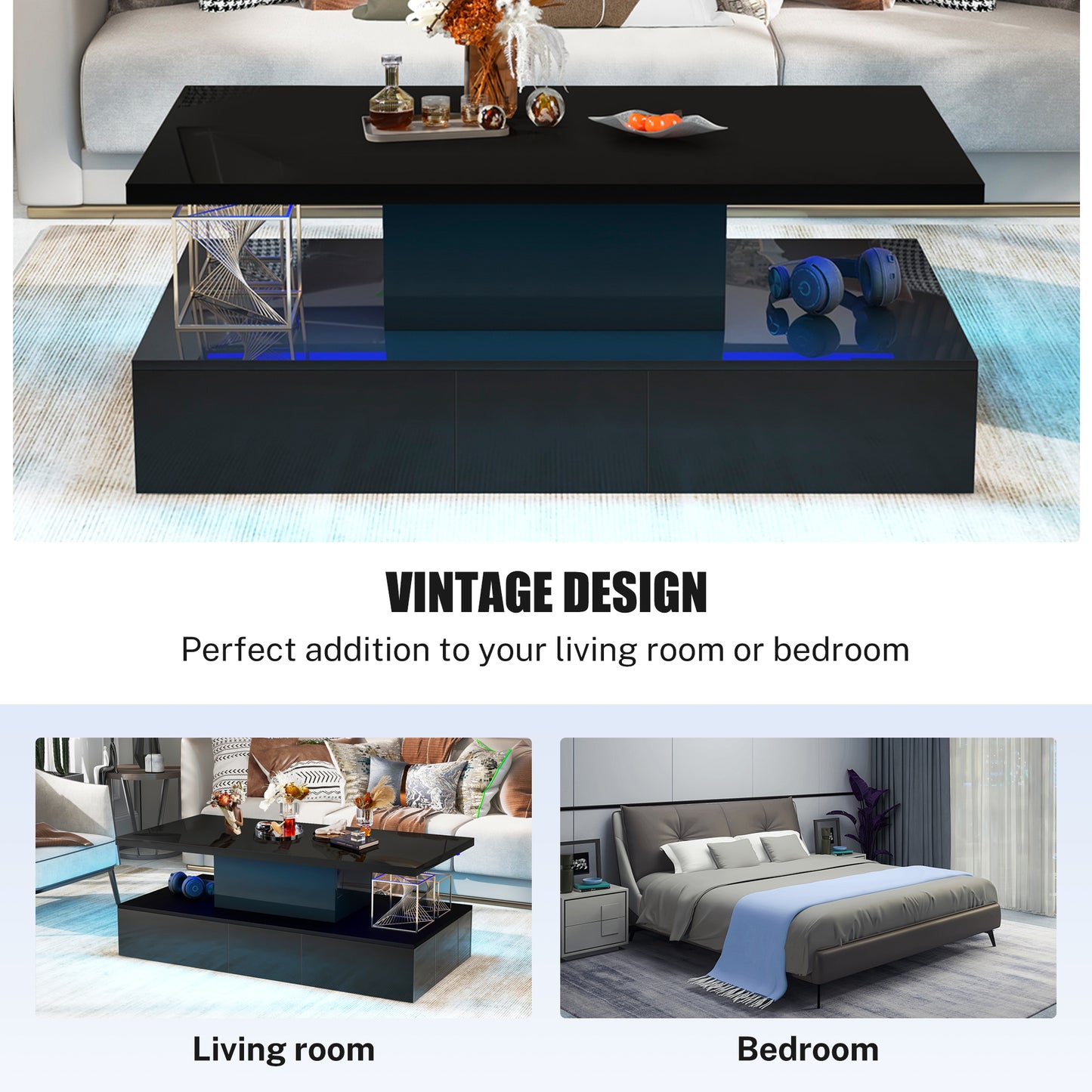 HSUNNS Black LED Coffee Table for Living Room, Modern High Glossy Center Table with 4 Drawers, Smart Cocktail Table Rectangle, Sofa Side Tea Tables with LED Lights, 40" L×24" W×15" H