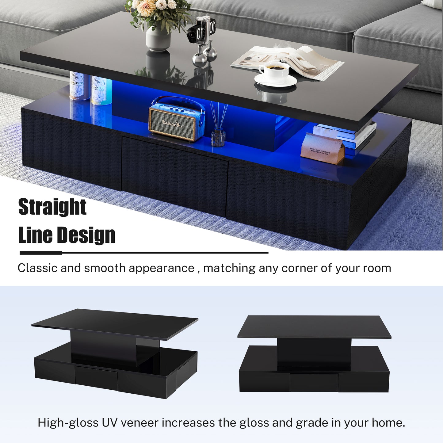 HSUNNS Black LED Coffee Table for Living Room, Modern High Glossy Center Table with 4 Drawers, Smart Cocktail Table Rectangle, Sofa Side Tea Tables with LED Lights, 40" L×24" W×15" H