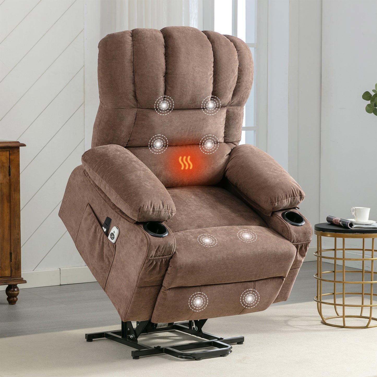 HSUNNS Power Lift Recliner Chair for Elderly, Electric Recliners with Heat and Massage, USB Charge Port, Cup Holders, Infinite Position and Side Pockets, Fabric Single Sofa for Living Room, Brown