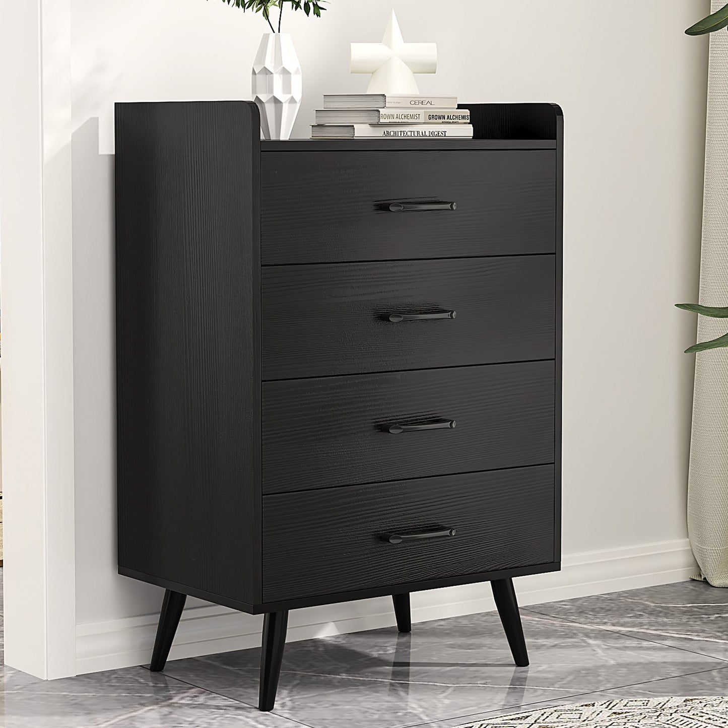 HSUNNS White Chest of 4 Drawers, Storage Cabinet with Wooden Feet and Top Panel, Anti-Tipping Device, Drawer Dresser Organizer for Bedroom with Living Room, Hallway, Nursery