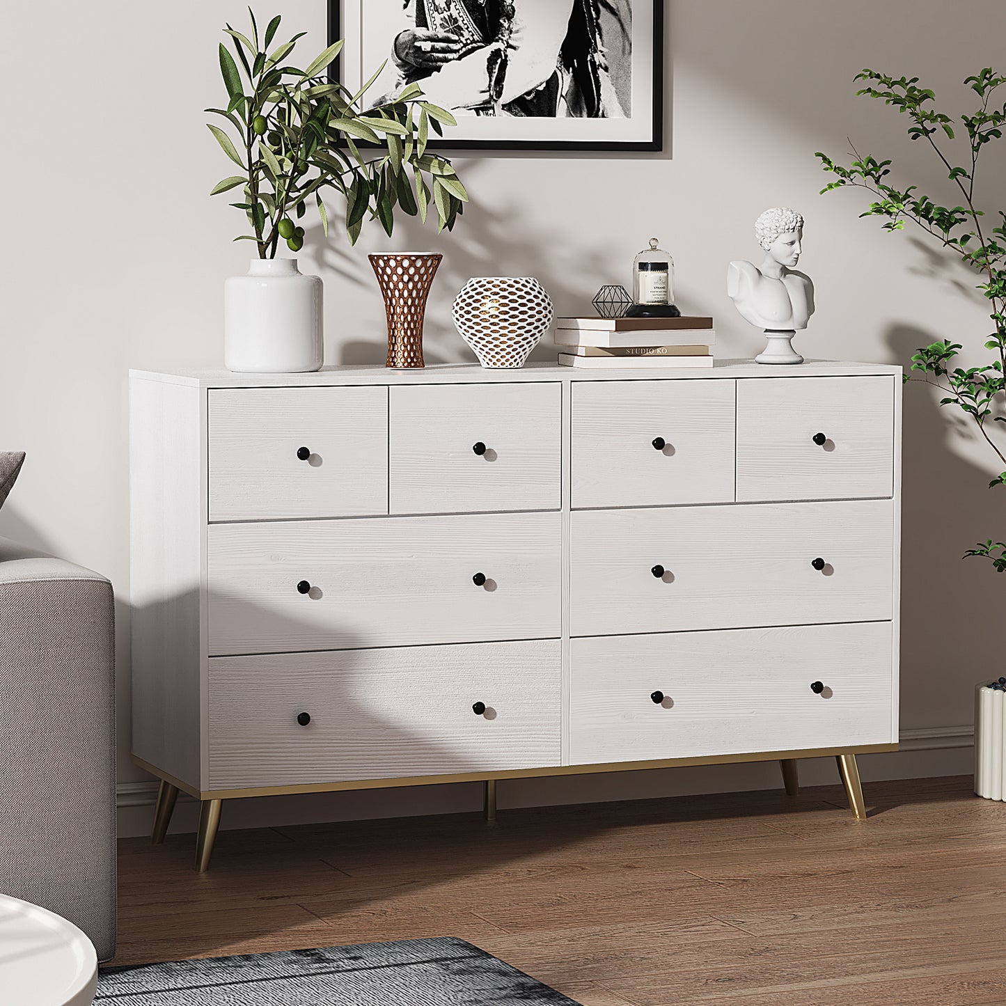 HSUNNS Dresser for Bedroom 3-Layer 8 Drawer Cabinet, Veneered Fabric Chest of Drawers with Adjusting Feet and Hold Up to 180 Pounds, Wooden Organizer Dressers for Livingroom, White