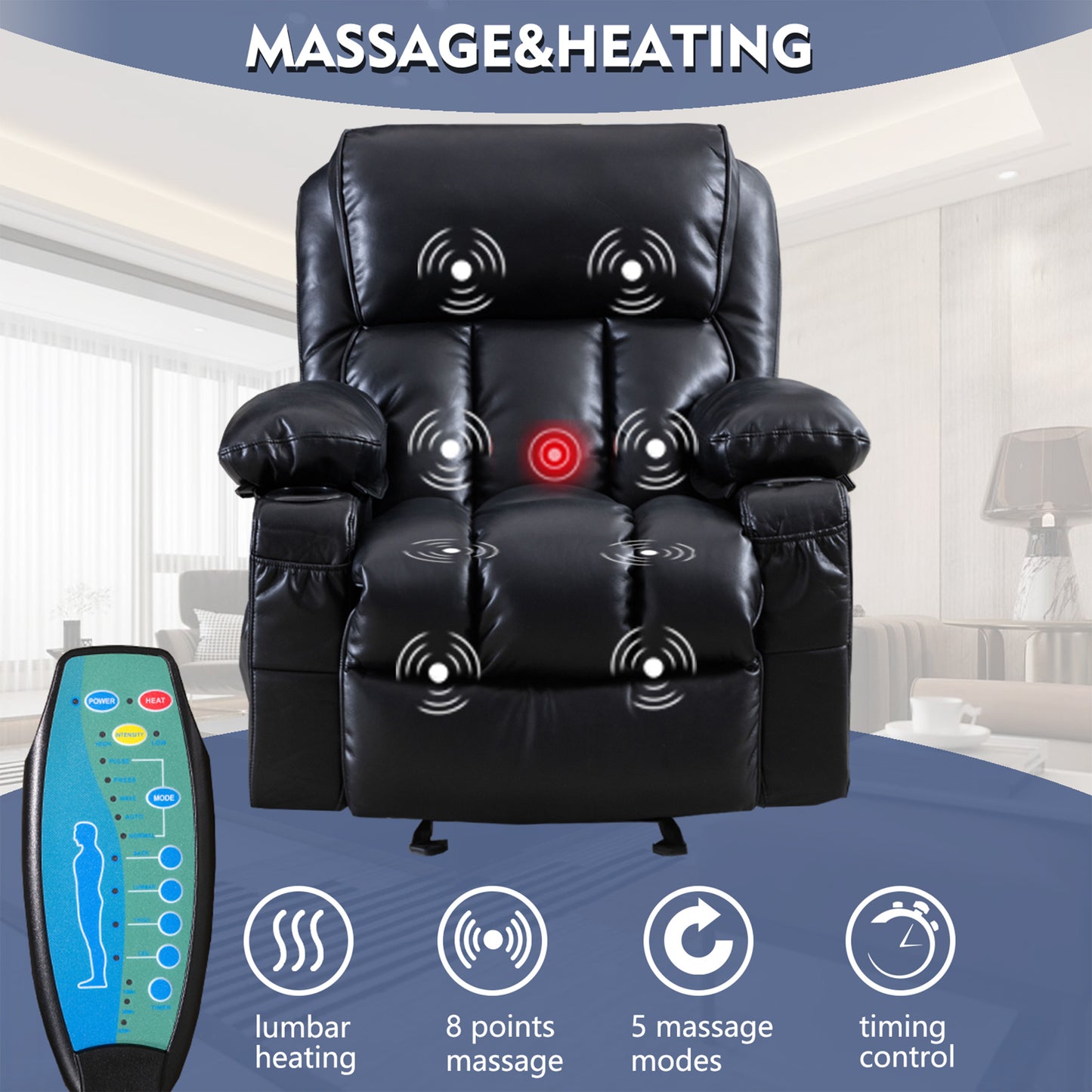 SYNGAR Recliner Chair with Heat and Vibration Massage, Faux Leather Elderly Reclining Sofa with USB Charge Port, Cup Holders and Side Pockets for Bedroom Home Theater, Brown