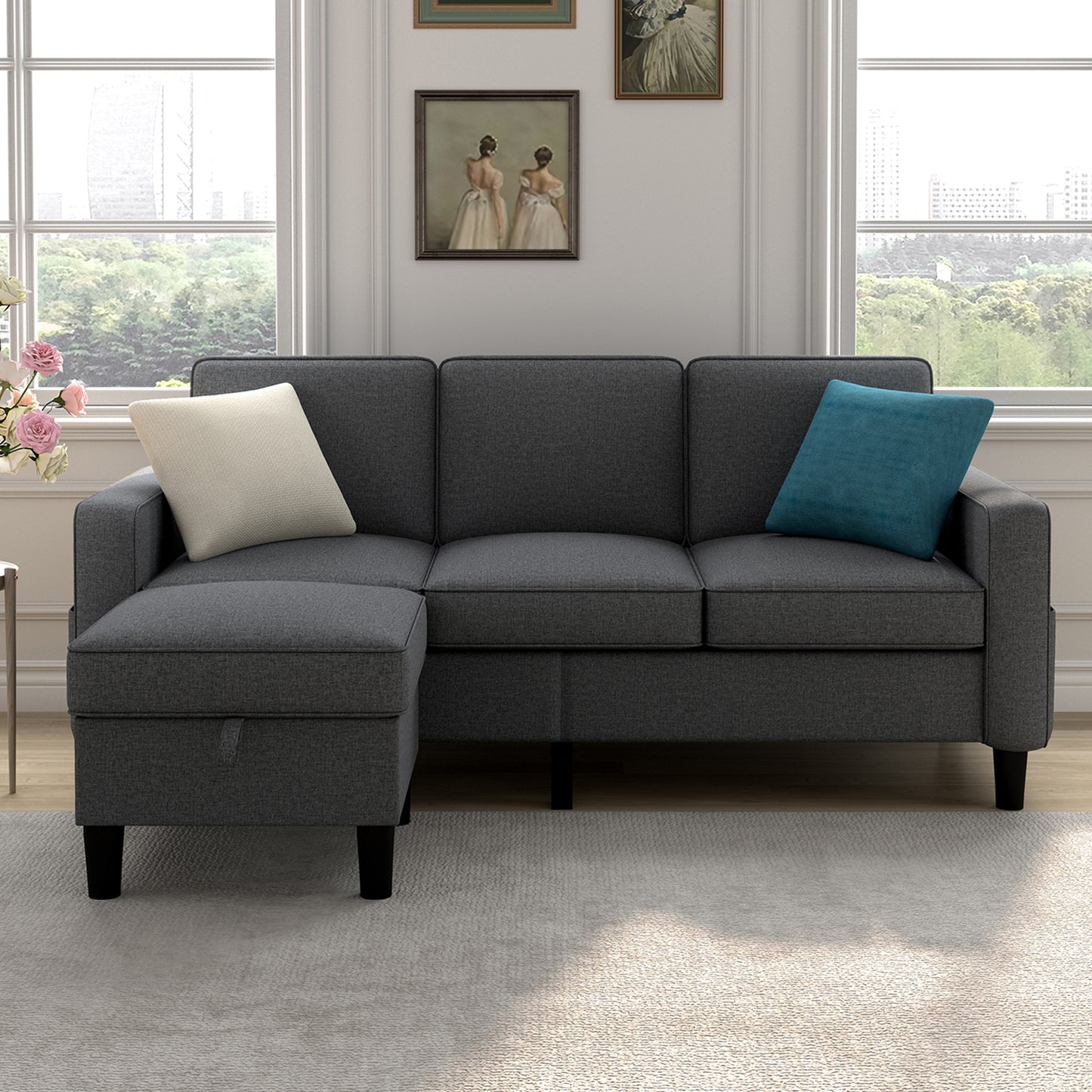 HSUNNS Sectional Sofa, Mid Century 3 Seat L Shaped Sofa with Large Storage Space Reversible Ottoman and Side Pockets, Sectional Couches for Living Room, Nursery, Light Gray