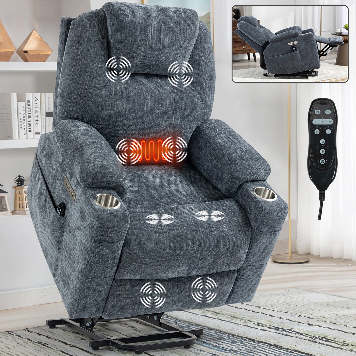 HSUNNS Power Lift Recliner Chair, Modern Chenille Reclining Sofa with Heat and Vibration Massage, USB and Type-C Ports, Stainless Steel Cup Holders, Recliners Chair for Bedroom, Blue-Grey