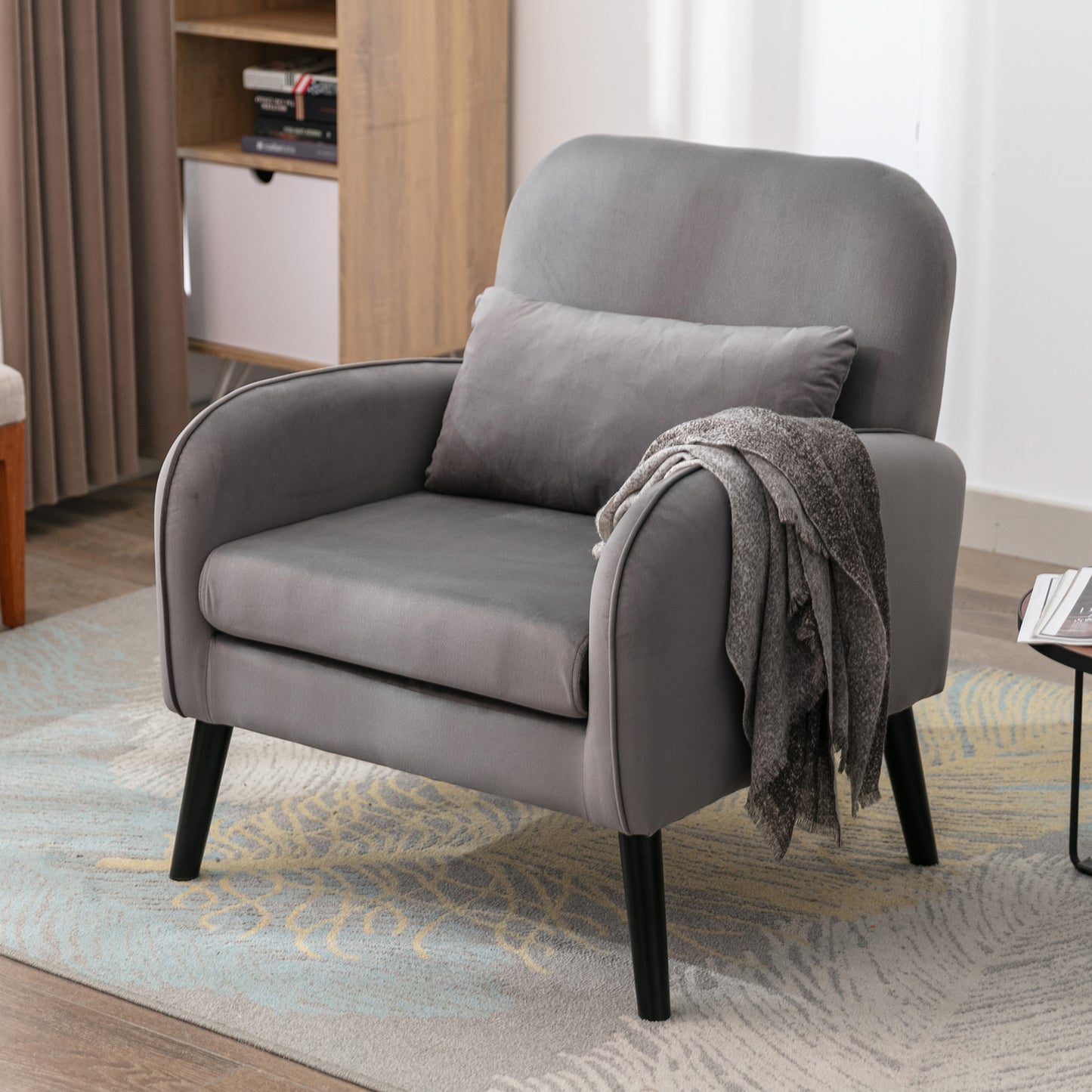 HSUNNS Accent Chair, Modern Fabric Upholstered Arm Chair with Back Pillow and Solid Wood Legs, Anti-slip Foot Pads, Reading Chair for Living Room and Bedroom, Reception Room, Light Grey