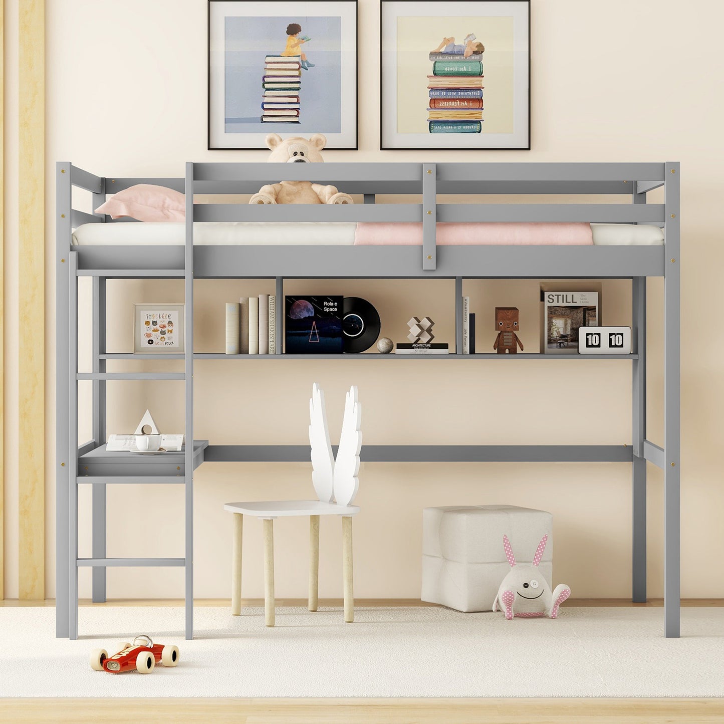 HSUNNS Twin Loft Bed with Desk, Modern Pine Wood Loft Bed Frame with Stair and Shelf, Bookshelves, Loft Beds Safety Guardrails for Teens and Adults, White