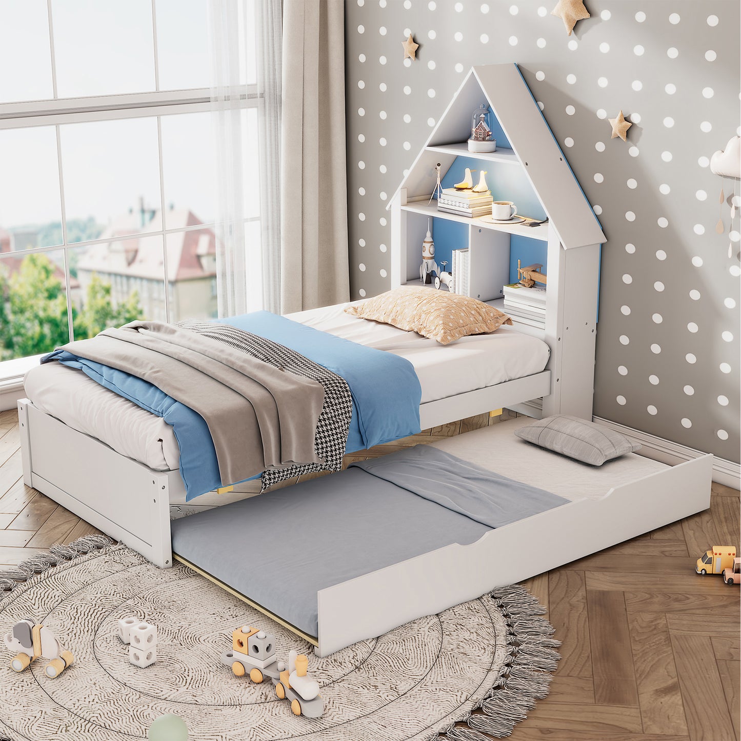 HSUNNS Bed Frame Twin Size, Pine Wood Bed Frame with Trundle and Storage Shelves, LED light, House-Shaped Platform Bed Frame with Pull Out Trundle, No Box Spring Needed, White with Blue