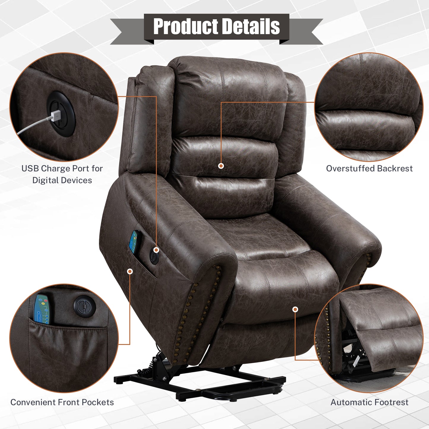 HSUNNS Power Lift Recliner Chair for Living Room, Fabric Electric Lounge Chair Single Sofa with Heat and Massage, Side Pockets, 155 Degrees Adjustment Recliner for Elderly Adults, Grey