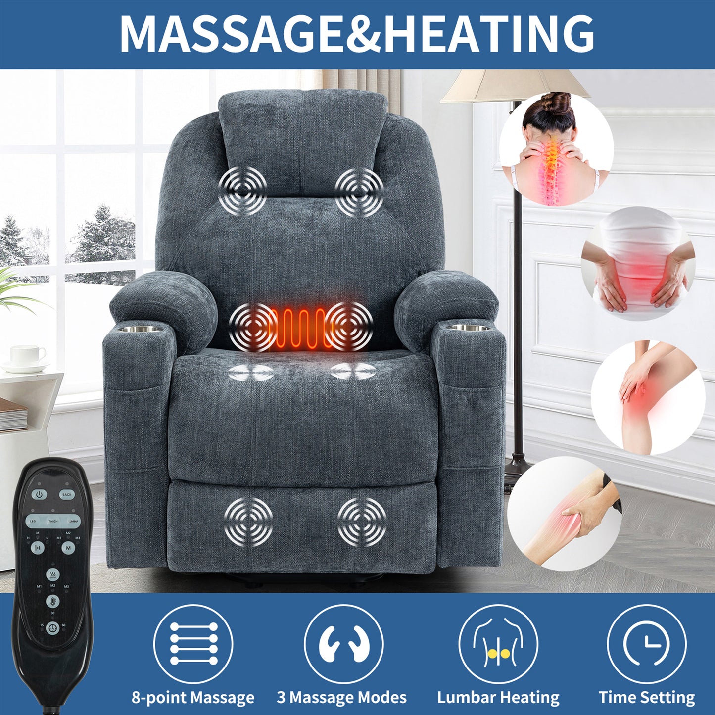 HSUNNS Power Lift Recliner Chair, Modern Chenille Reclining Sofa with Heat and Vibration Massage, USB and Type-C Ports, Stainless Steel Cup Holders, Recliners Chair for Bedroom, Blue-Grey