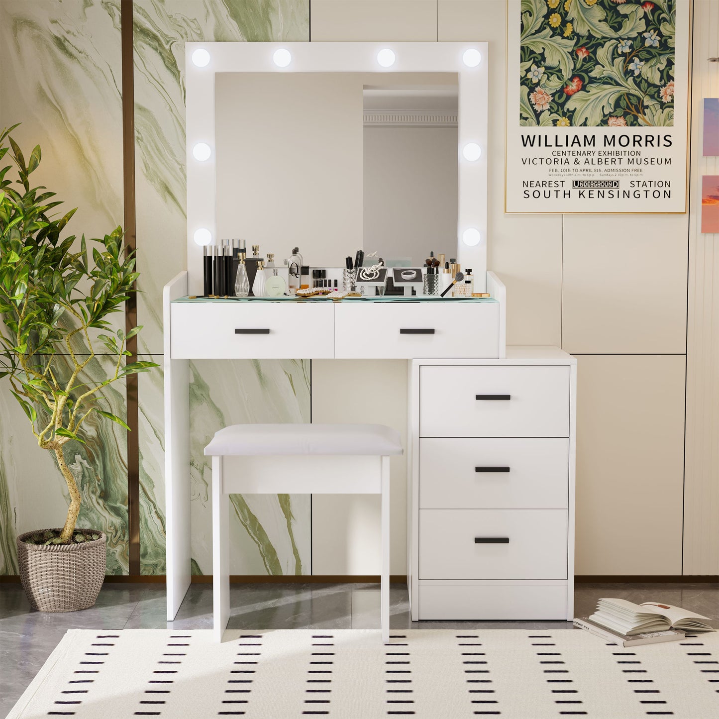 HSUNNS Black Vanity Set with Mirror and LED Light, Wood Makeup Vanity with Upholstered Stool, Bedroom Vanities with Charging Station, Glass Door Storage Cabinet with LED Light, 7 Drawers