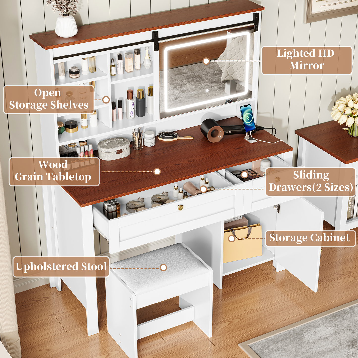 HSUNNS Large Vanity Desk with Mirror and Lights, Farmhouse Vanity Sets with Upholstered Stool, Makeup Table with Storage Cabinet and Drawers, Sliding Mirror, Charging Station, White