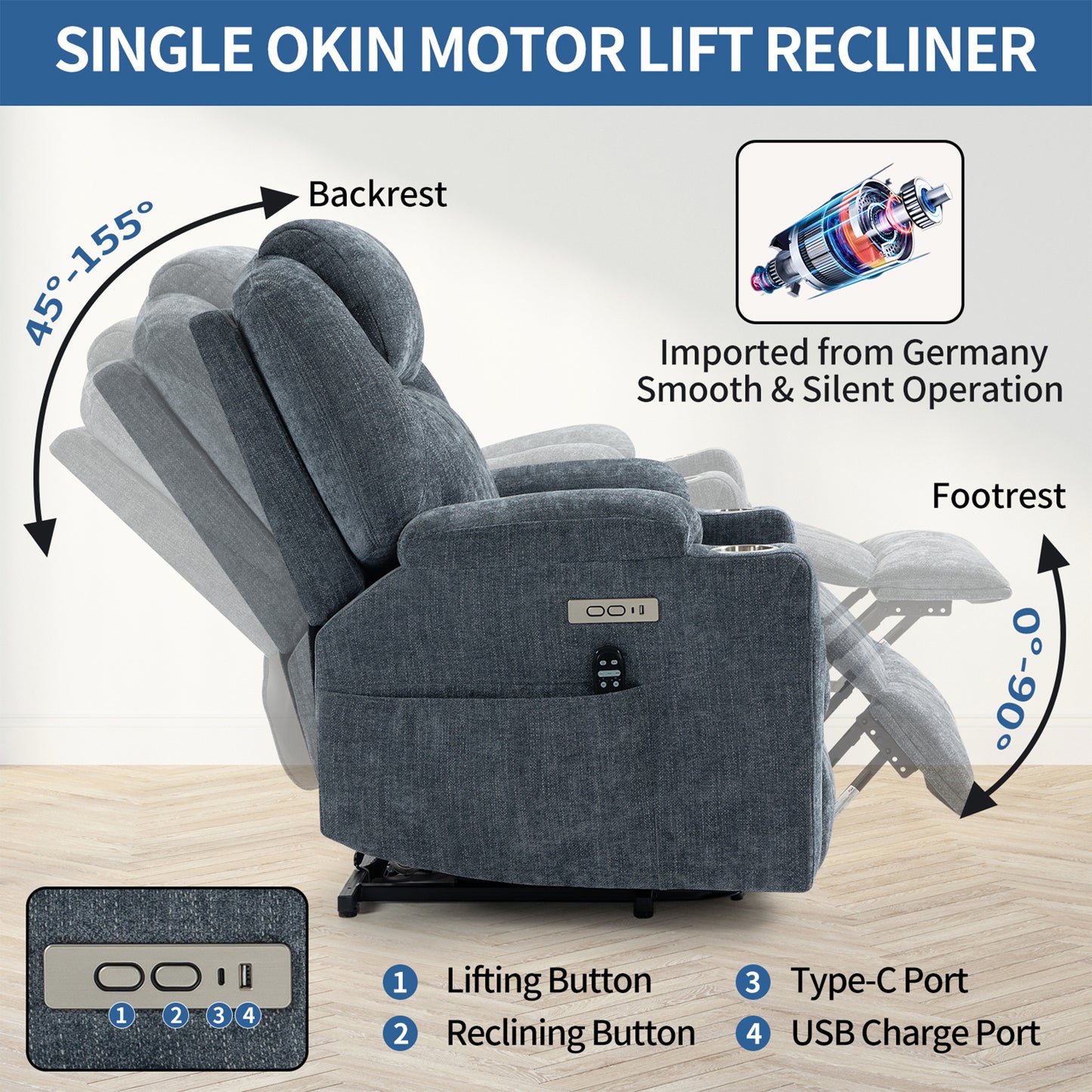 HSUNNS Power Lift Recliner Chair, Modern Chenille Reclining Sofa with Heat and Vibration Massage, USB and Type-C Ports, Stainless Steel Cup Holders, Recliners Chair for Bedroom, Blue-Grey