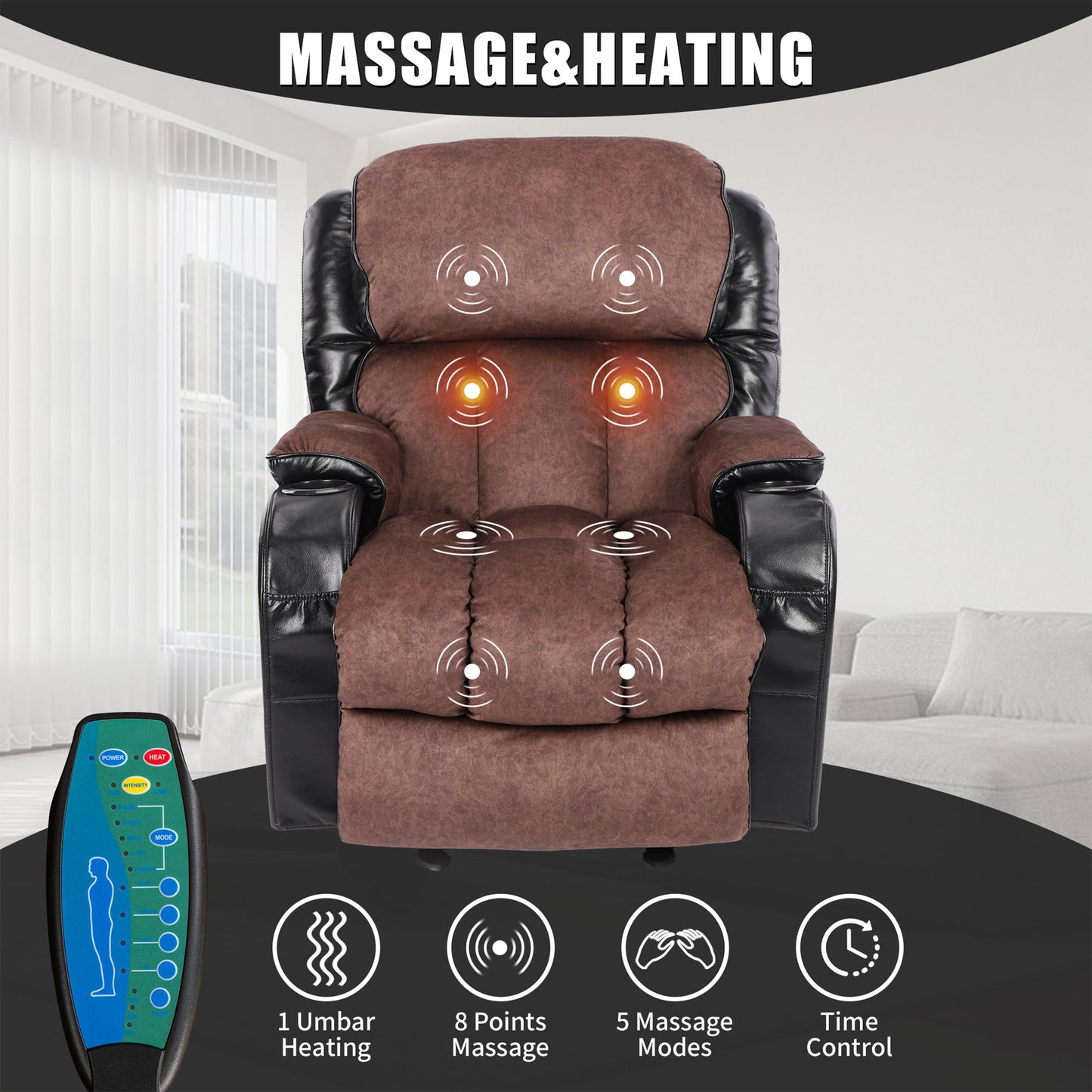 SYNGAR Recliner Chair with Heat and Vibration Massage, Faux Leather Elderly Reclining Sofa with USB Charge Port, Cup Holders and Side Pockets for Bedroom Home Theater, Brown