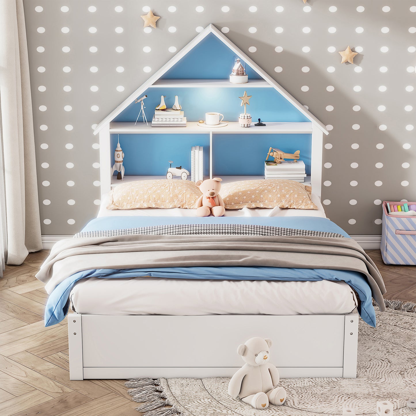 HSUNNS Bed Frame Twin Size, Pine Wood Bed Frame with Trundle and Storage Shelves, LED light, House-Shaped Platform Bed Frame with Pull Out Trundle, No Box Spring Needed, White with Pink