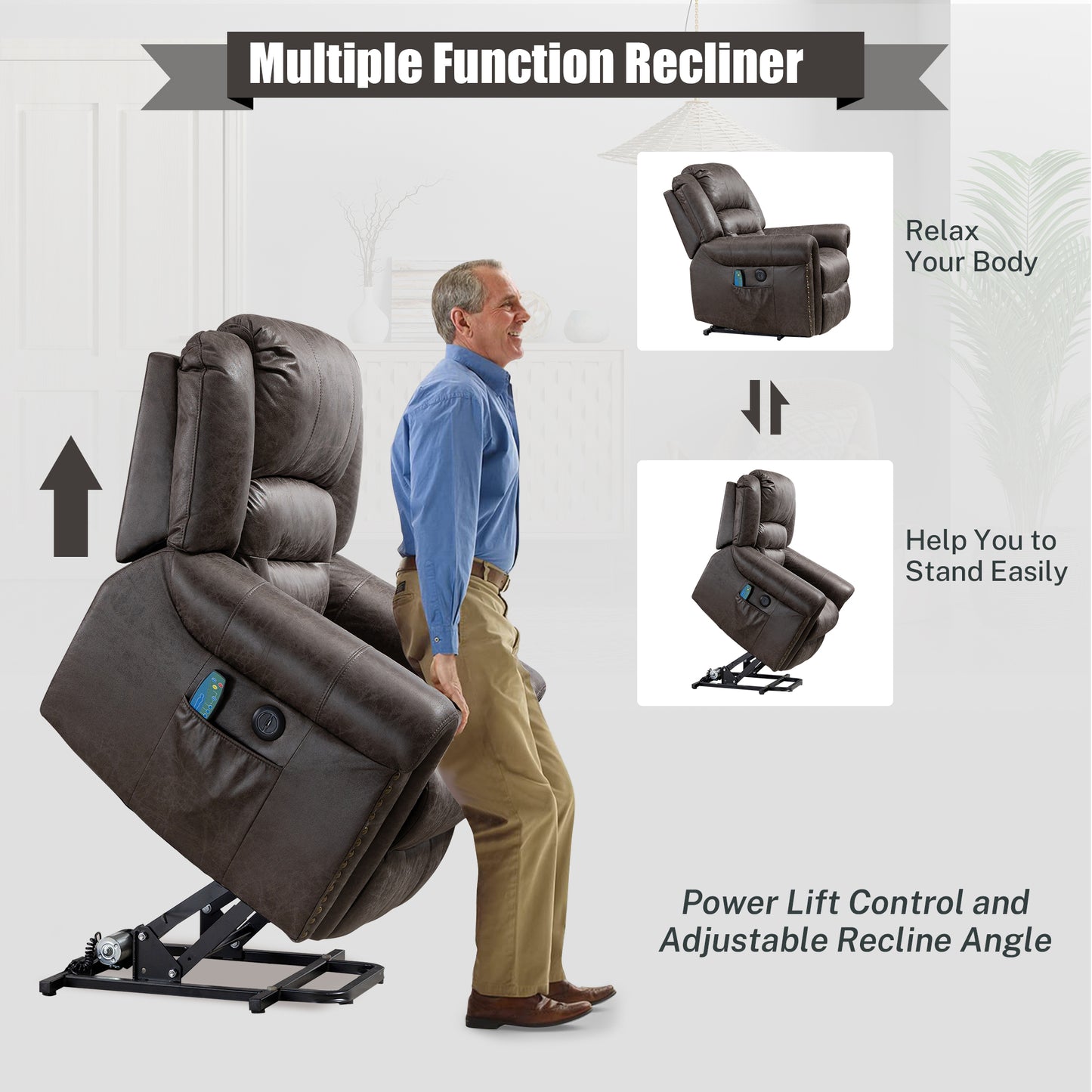 HSUNNS Power Lift Recliner Chair for Living Room, Fabric Electric Lounge Chair Single Sofa with Heat and Massage, Side Pockets, 155 Degrees Adjustment Recliner for Elderly Adults, Grey