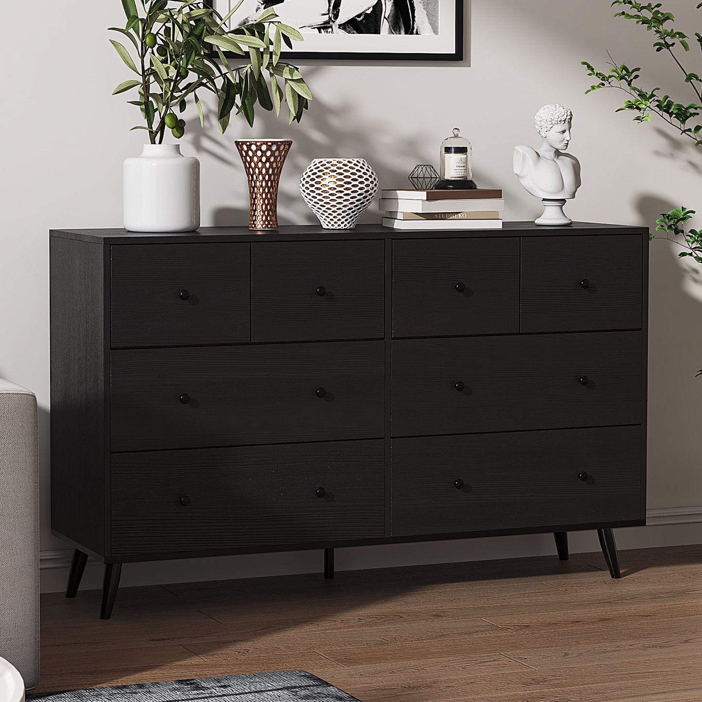 HSUNNS Dresser for Bedroom 3-Layer 8 Drawer Cabinet, Veneered Fabric Chest of Drawers with Adjusting Feet and Hold Up to 180 Pounds, Wooden Organizer Dressers for Livingroom, White