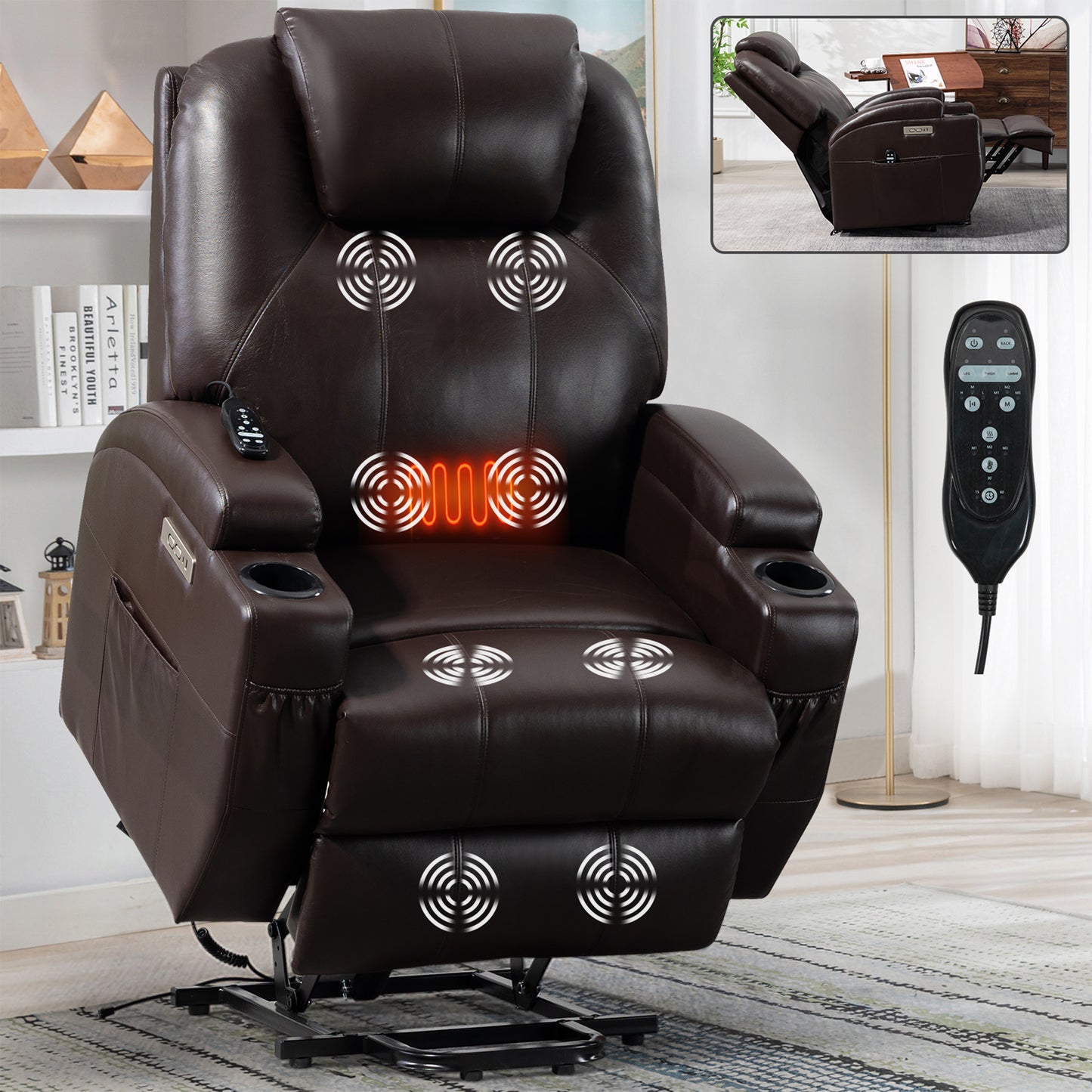 HSUNNS Power Lift Recliner Chair, Modern Reclining Sofa with Faux Leather and Vibration Massage, Heat, USB Chartge Ports, Cup Holders, Recliners Chair for Bedroom Livingroom, Black
