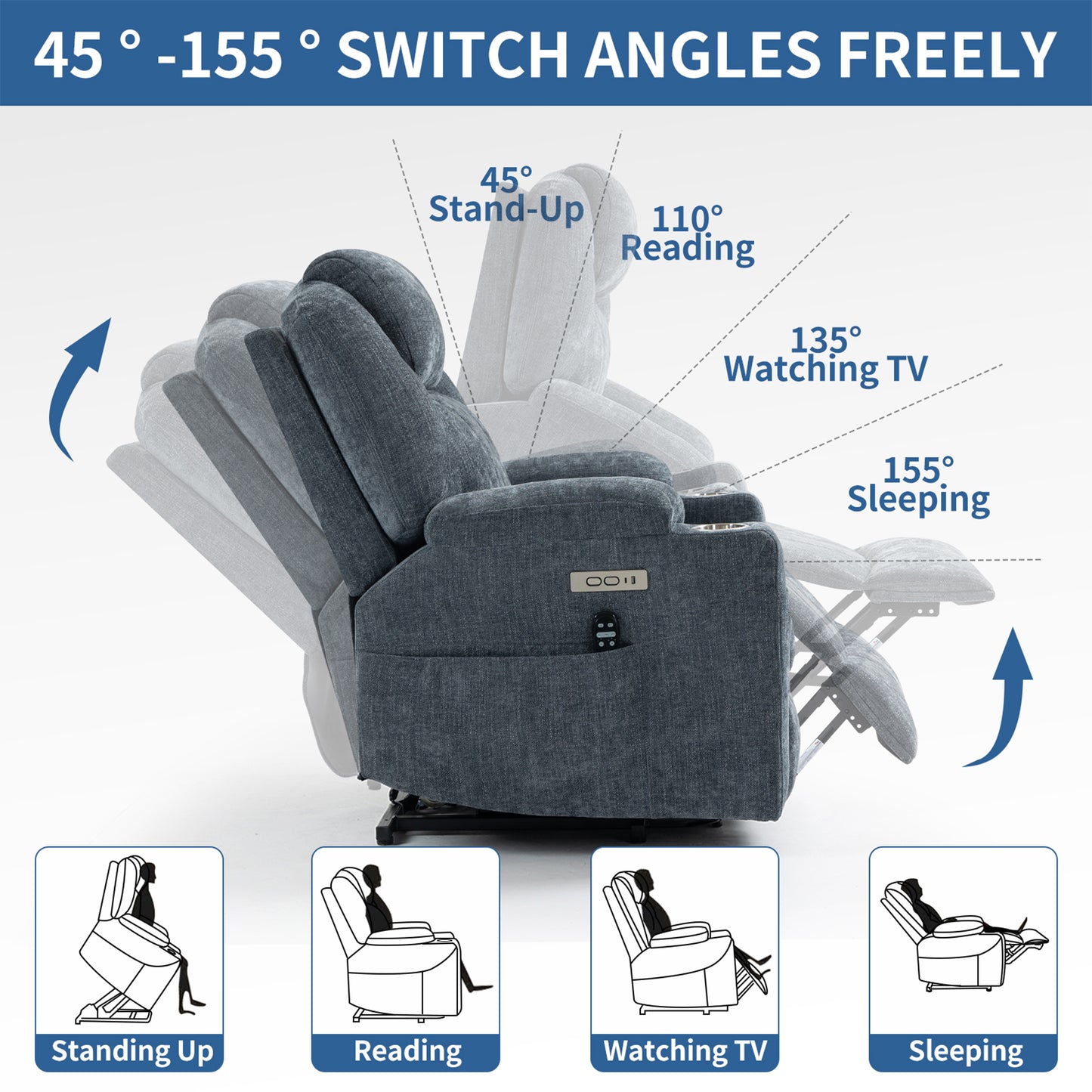 HSUNNS Power Lift Recliner Chair, Modern Chenille Reclining Sofa with Heat and Vibration Massage, USB and Type-C Ports, Stainless Steel Cup Holders, Recliners Chair for Bedroom, Blue-Grey