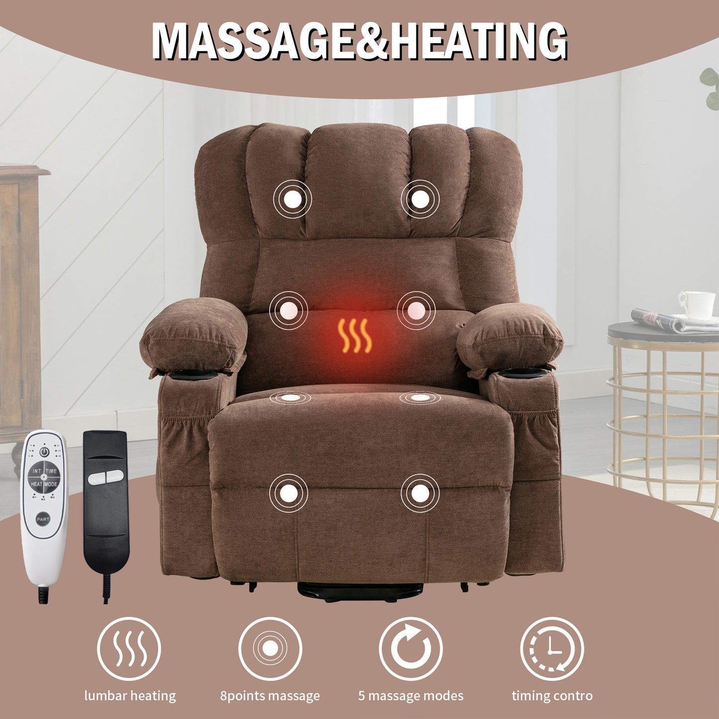 HSUNNS Power Lift Recliner Chair for Elderly, Electric Recliners with Heat and Massage, USB Charge Port, Cup Holders, Infinite Position and Side Pockets, Fabric Single Sofa for Living Room, Brown