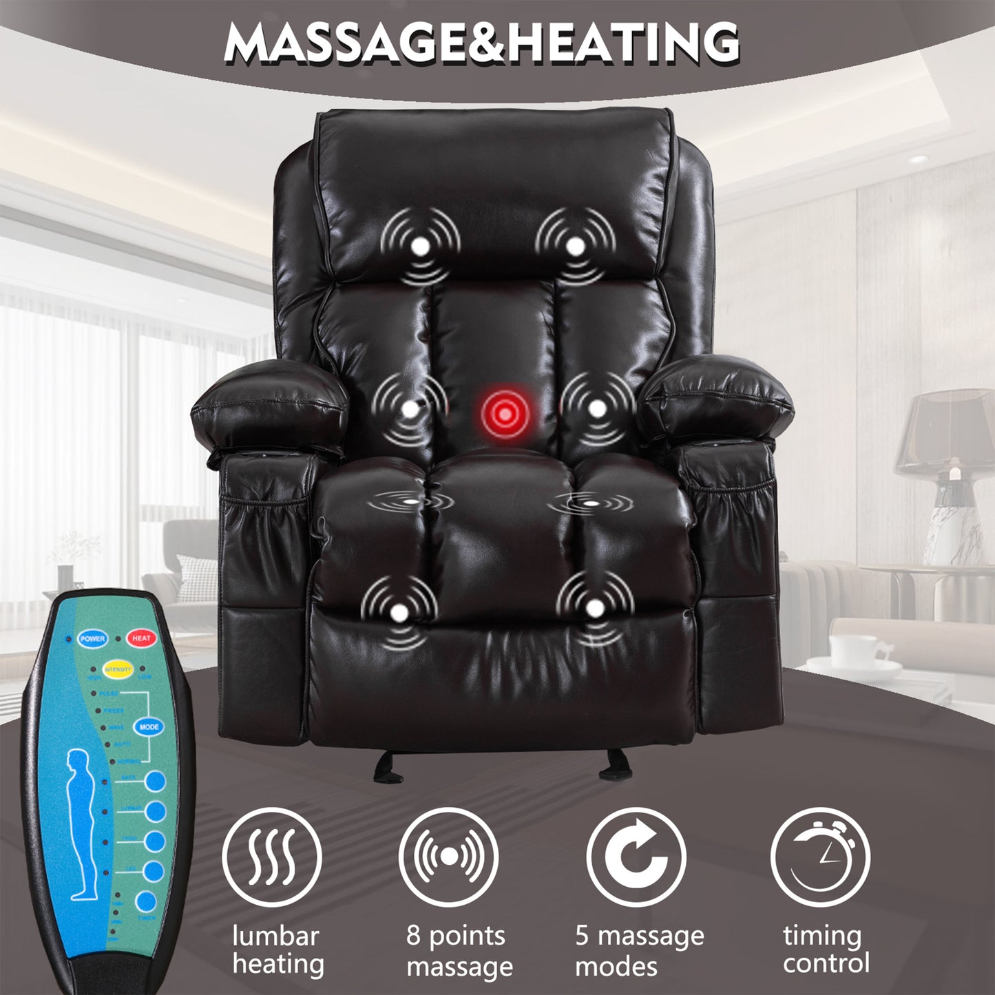 SYNGAR Recliner Chair with Heat and Vibration Massage, Faux Leather Elderly Reclining Sofa with USB Charge Port, Cup Holders and Side Pockets for Bedroom Home Theater, Brown
