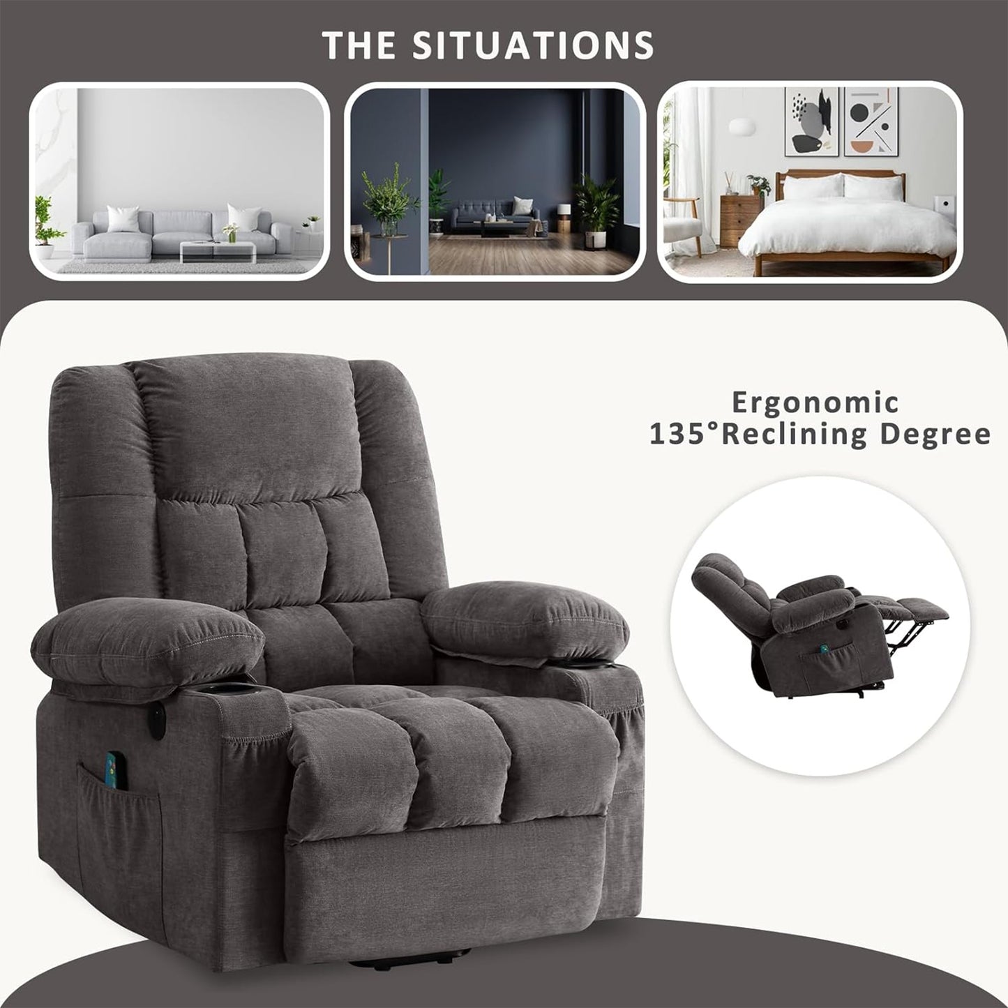 HSUNNS Power Lift Recliner Chair for the Elderly with Heat and Vibration Massage, Modern Fabric Reclining Sofa with USB Charge Port, Cup Holders, and Side Pockets for Livingroom Bedroom, Grey