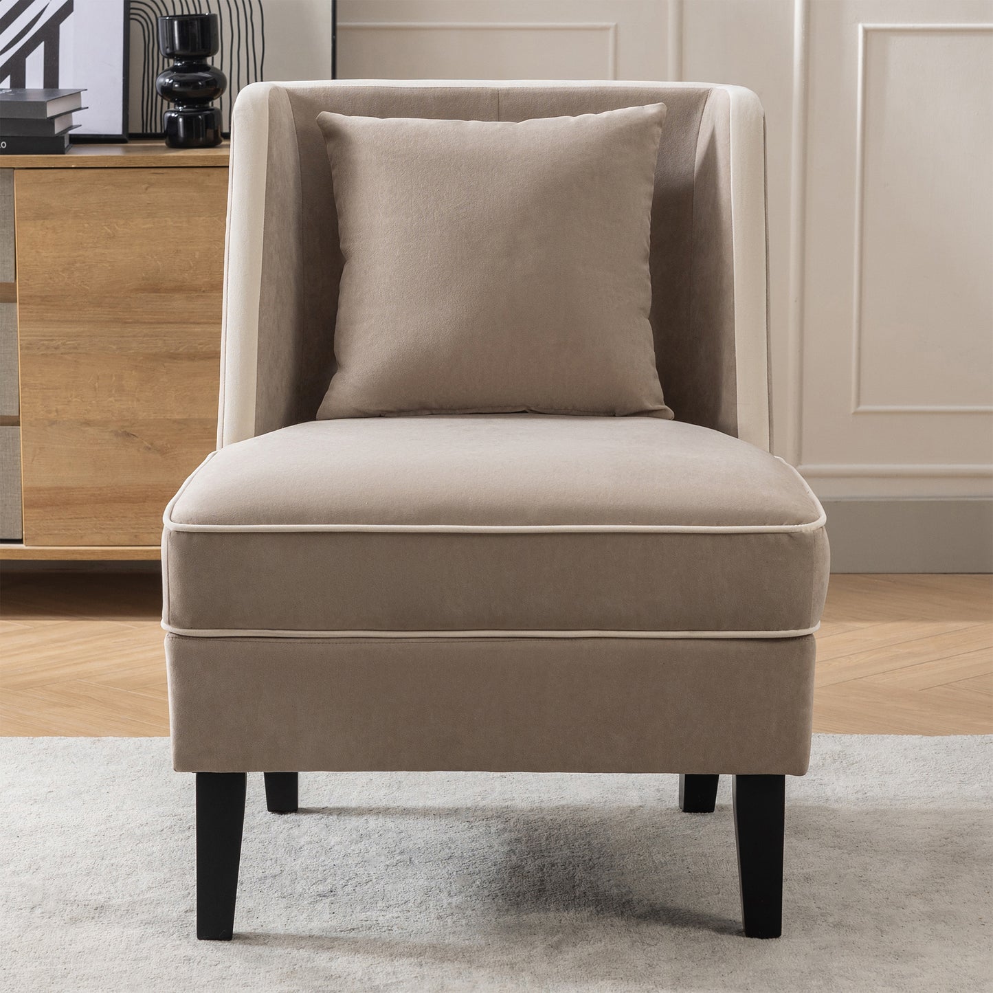 HSUNNS Armless Chair, Modern Velvet Upholstered Accent Chair with Back Pillow and Thick Padded Cushion, Solid Wood Legs, Reading Chair for Living Room and Reception Room, Cream