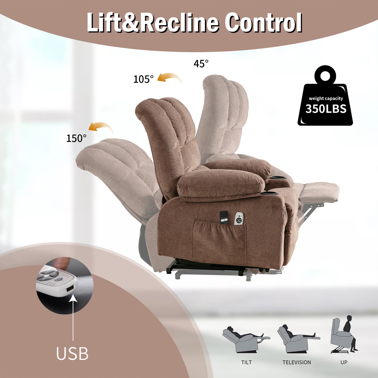 HSUNNS Power Lift Recliner Chair for Elderly, Electric Recliners with Heat and Massage, USB Charge Port, Cup Holders, Infinite Position and Side Pockets, Fabric Single Sofa for Living Room, Brown