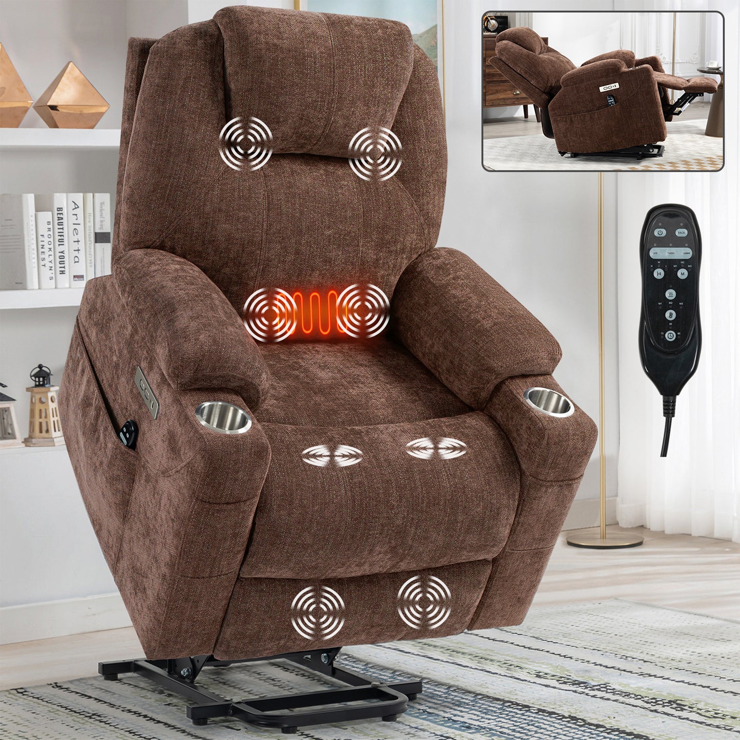 HSUNNS Power Lift Recliner Chair, Modern Chenille Reclining Sofa with Heat and Vibration Massage, USB and Type-C Ports, Stainless Steel Cup Holders, Recliners Chair for Bedroom, Blue-Grey