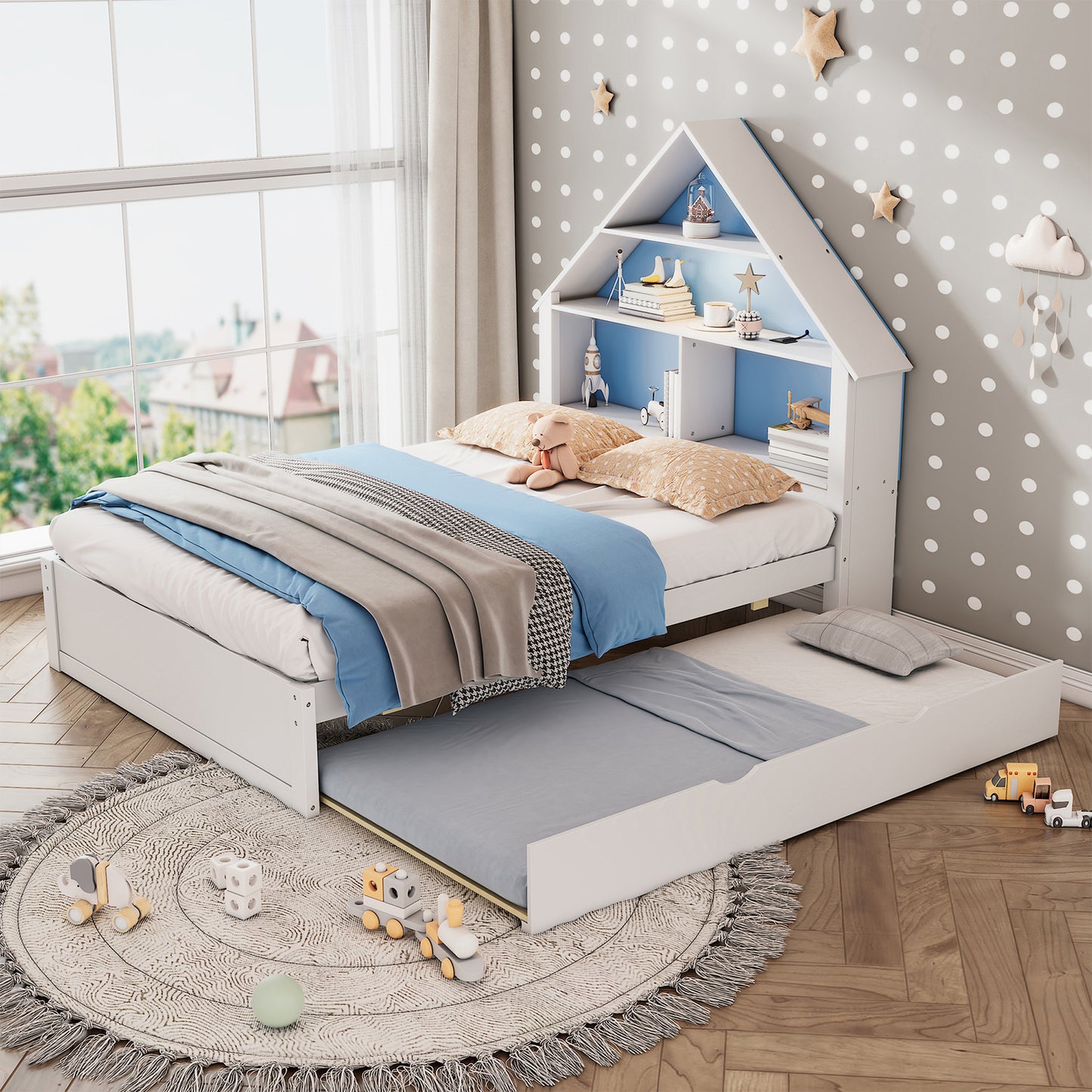 HSUNNS Bed Frame Twin Size, Pine Wood Bed Frame with Trundle and Storage Shelves, LED light, House-Shaped Platform Bed Frame with Pull Out Trundle, No Box Spring Needed, White with Blue