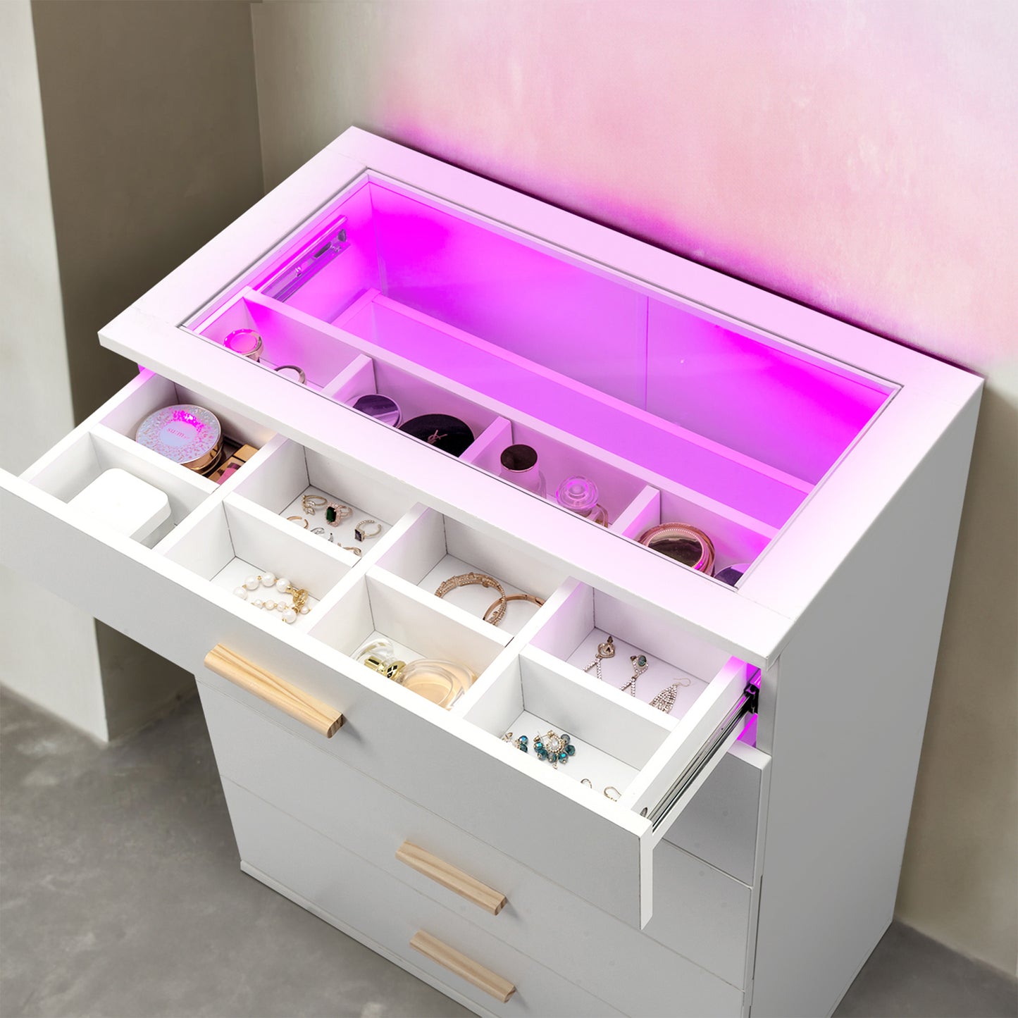HSUNNS Modern White 5 Drawer Dresser with Jewelry Organizer, Remote and APP Control RGB Light, Storage Dresser for Bedroom with Glass Top, Chest of Drawers Organizer for Living Room, Nursery