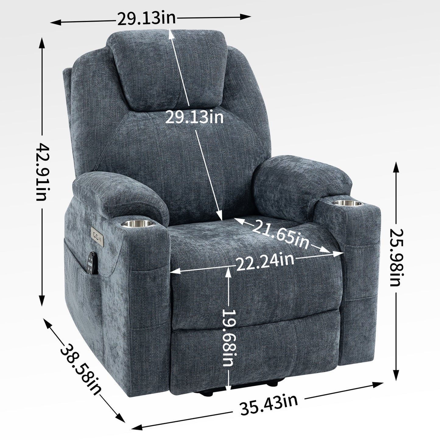 HSUNNS Power Lift Recliner Chair, Modern Chenille Reclining Sofa with Heat and Vibration Massage, USB and Type-C Ports, Stainless Steel Cup Holders, Recliners Chair for Bedroom, Blue-Grey
