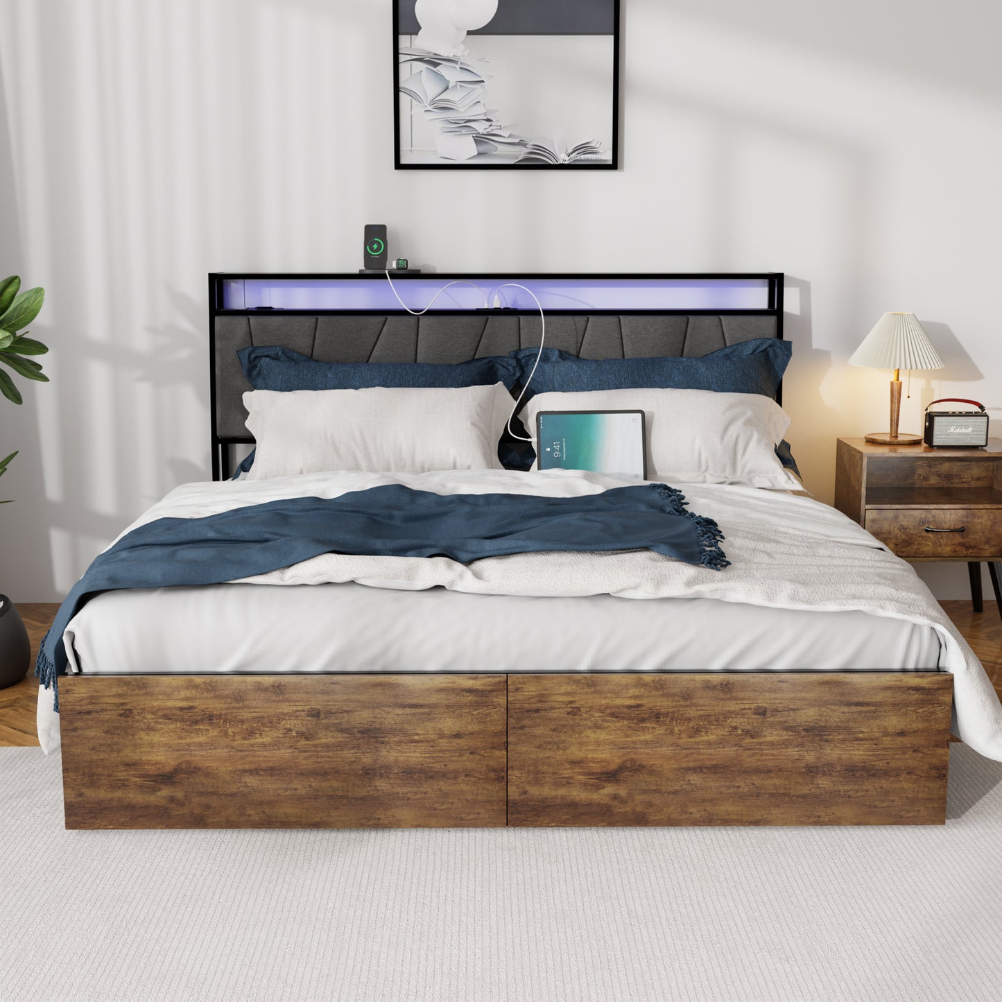 HSUNNS Bed Frame Queen Size, Metal Bed Frame with Headboard and Storage Shelves, Charging Station, RGB Light, 2 Storage Drawers, Modern Platform Bed Frame for Bedroom