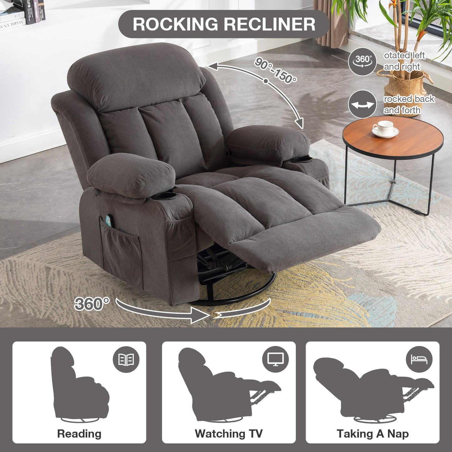 SYNGAR Oversized Recliner Chair, 360° Swivel Rocker Reclining Chair with Massage and Heat Function, USB, Cup Holders and Side Pockets, Living Room Single Sofa Seat Nursery Lounge Chair, Gray
