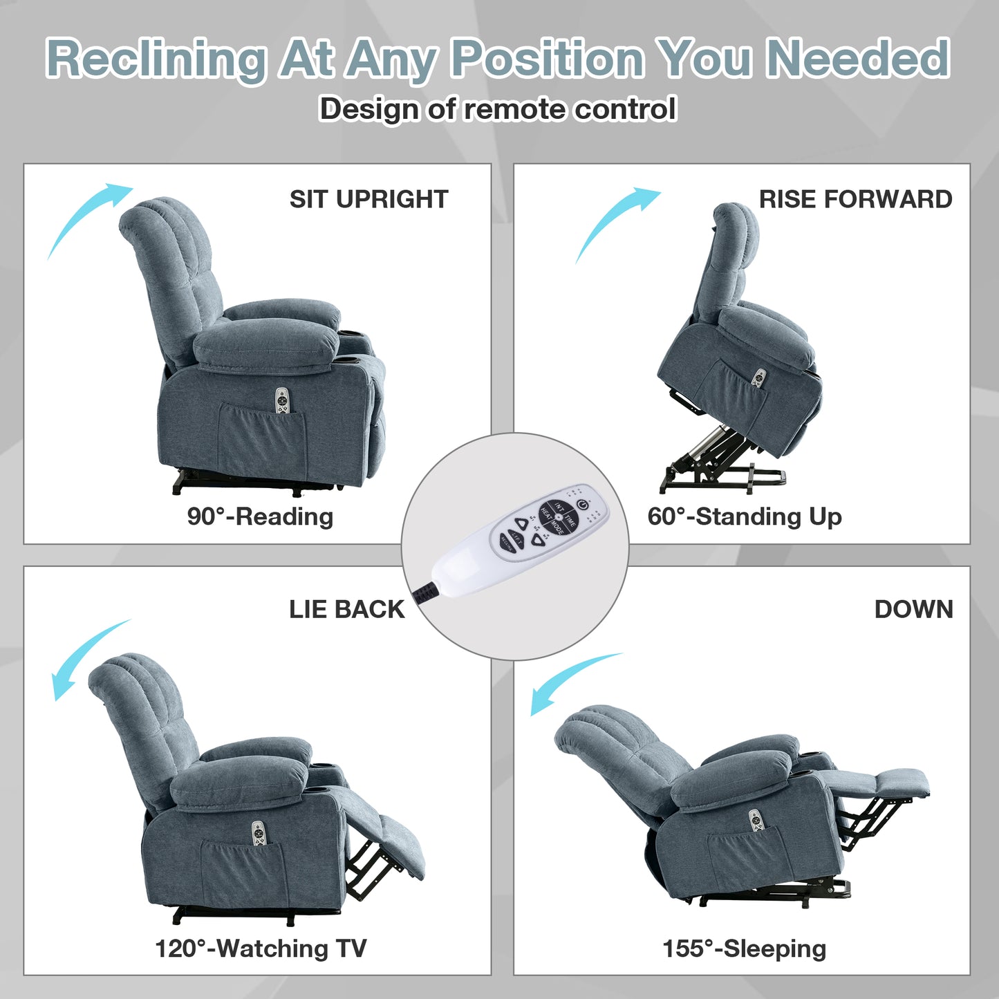 HSUNNS Power Lift Recliner Chair with Heat and Vibration Massage, Fabric Elderly Oversized Reclining Sofa with USB Charge Port, Cup Holders and Side Pockets for Bedroom Home Theater, Blue