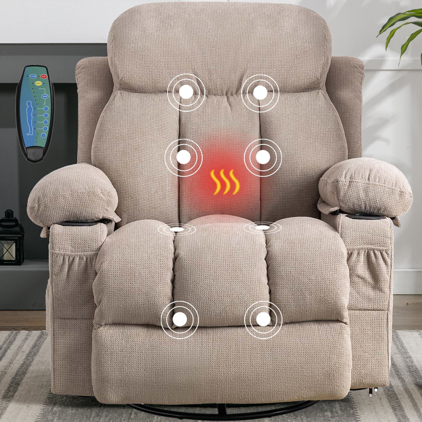 HSUNNS Swivel Recliner Chair with Massage and Heat for the Elderly, Oversized Recliner for Living Room with Cup Holders and USB Port, Side Pockets, Comfortable Backrest and Armrests, Gray