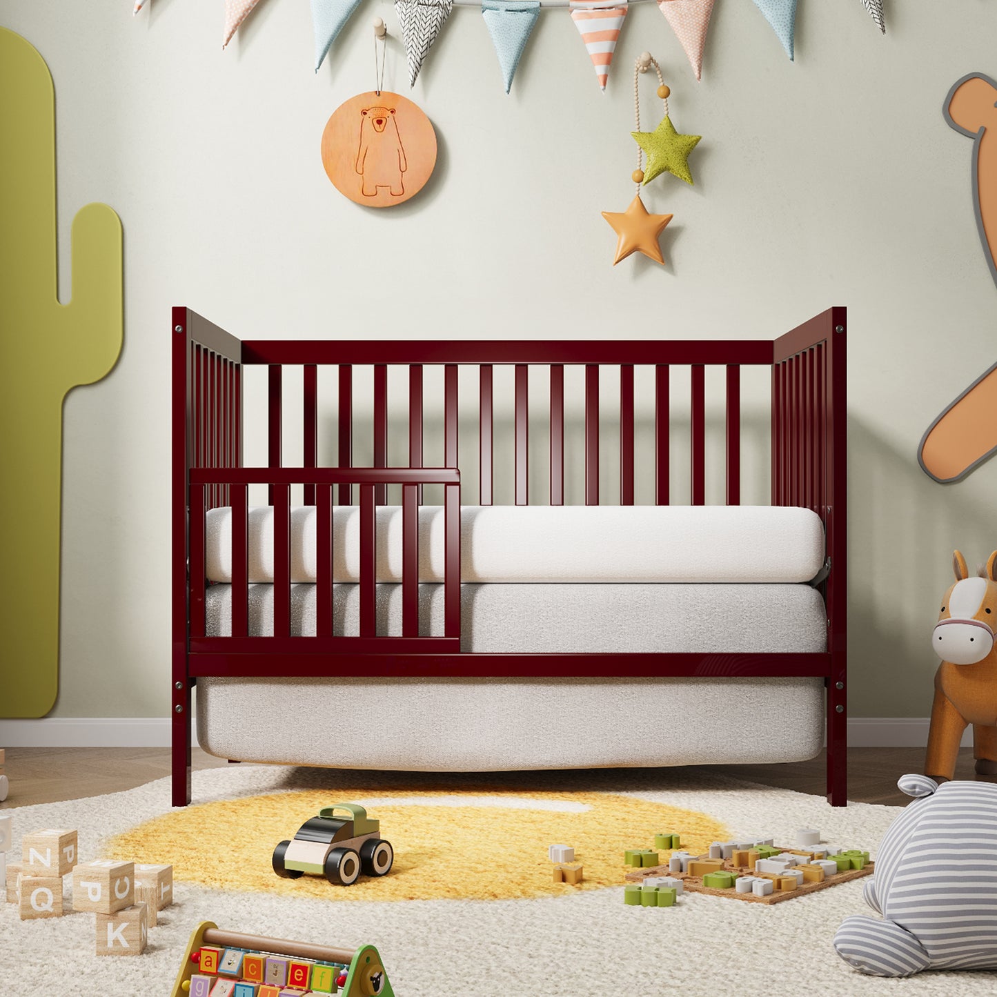 HSUNNS 5-in-1 Convertible Crib, Baby Crib with Slats, Certified Baby Safe Crib, Converts from Baby Crib to Toddler Bed, Easy Assembly, 3 Adjustable Heights, Cherry