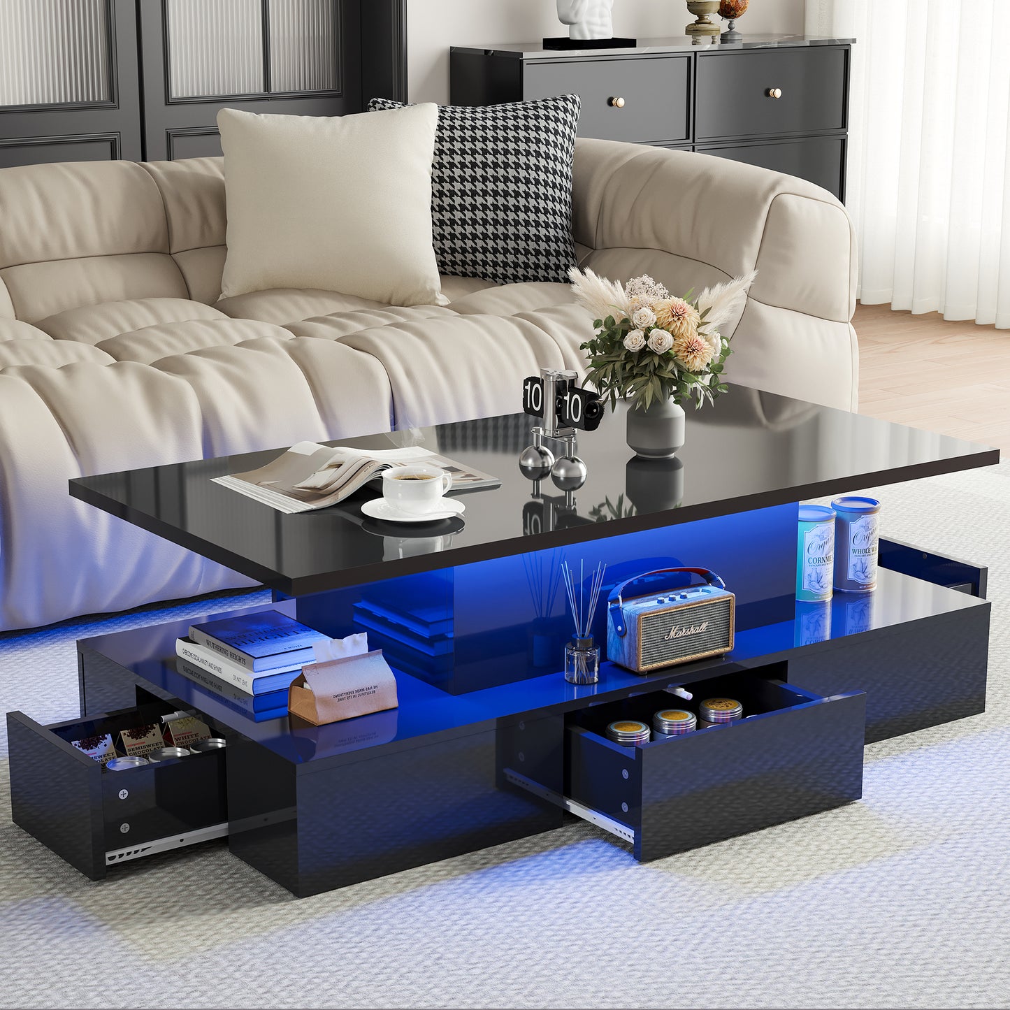 HSUNNS Black LED Coffee Table for Living Room, Modern High Glossy Center Table with 4 Drawers, Smart Cocktail Table Rectangle, Sofa Side Tea Tables with LED Lights, 40" L×24" W×15" H