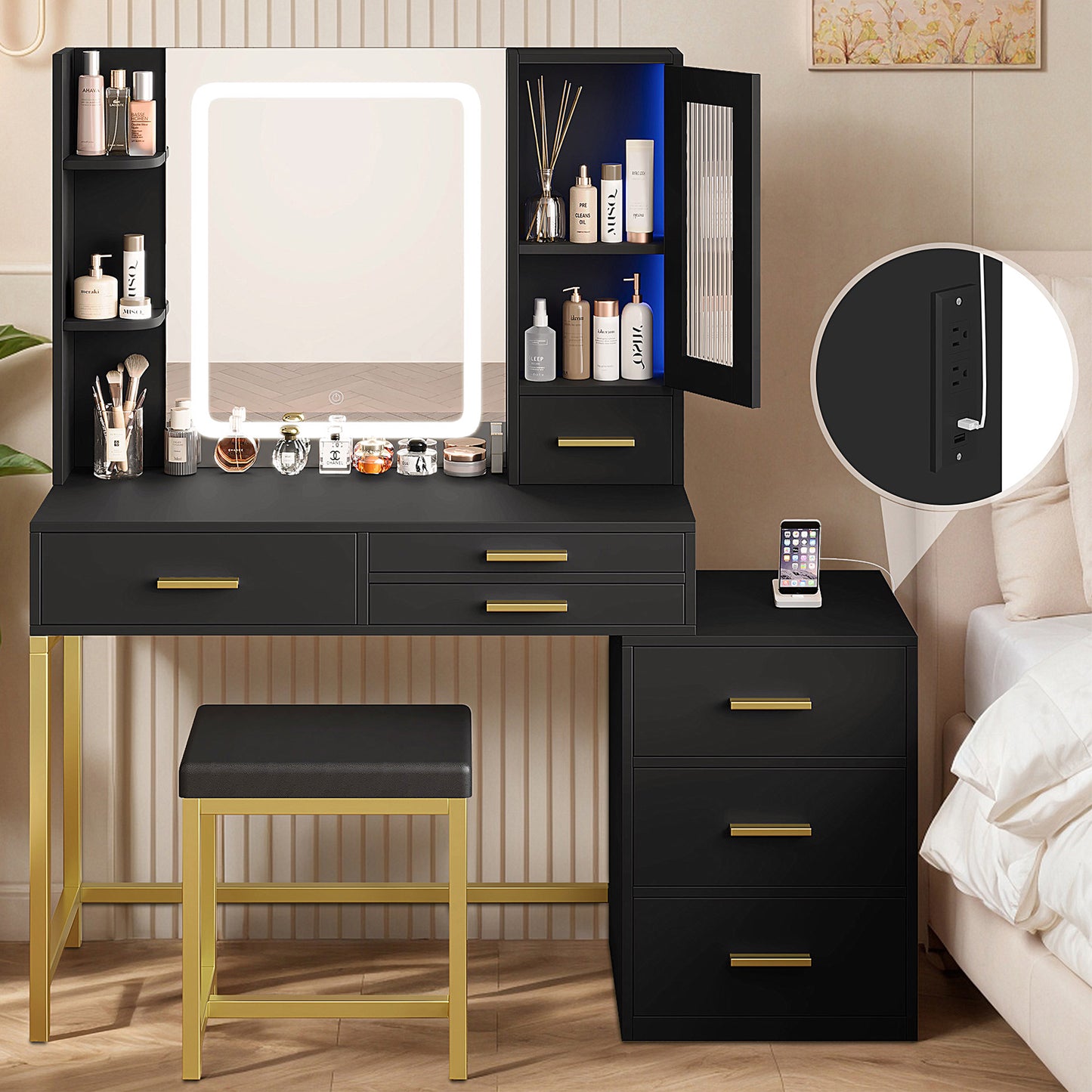 HSUNNS Makeup Vanity Set with Upholstered Stool, Modern Vanity Desk with Light and Mirror for Bedroom, Wood Makeup Desk with Charging Station, Drawers and Shelves, White