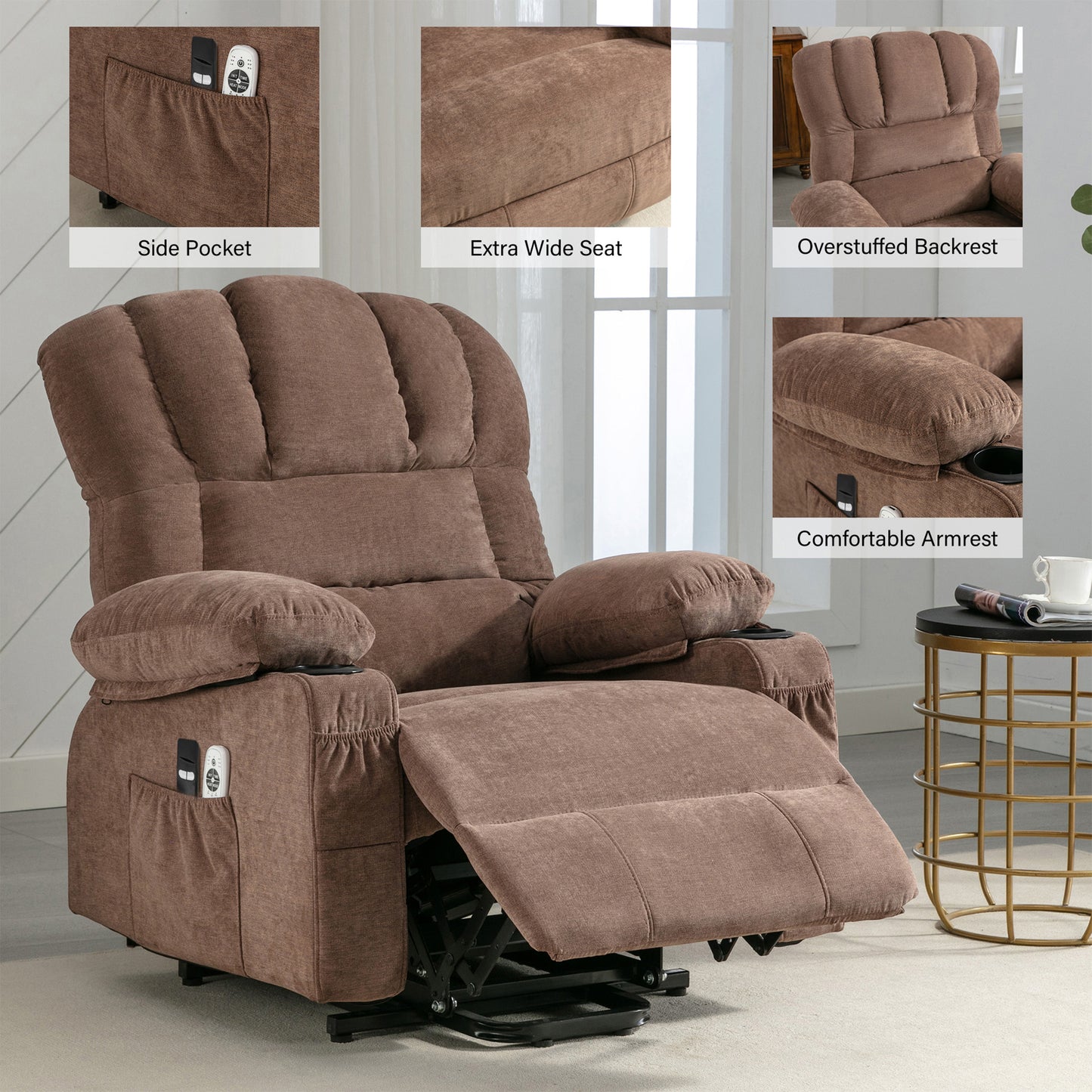 HSUNNS Power Lift Recliner Chair for Elderly, Electric Recliners with Heat and Massage, USB Charge Port, Cup Holders, Infinite Position and Side Pockets, Fabric Single Sofa for Living Room, Brown