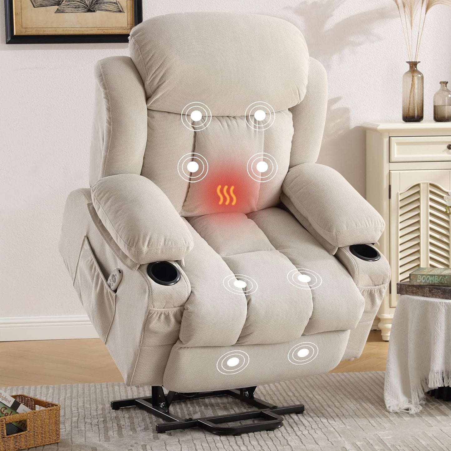 HSUNNS Power Lift Recliner Chair with Massage and Heat, Metal Frame Reclining Chair with Side Pockets and Cup Holders, Living Room Chair with USB Port and Remote Control, Easy Assembly, Gray